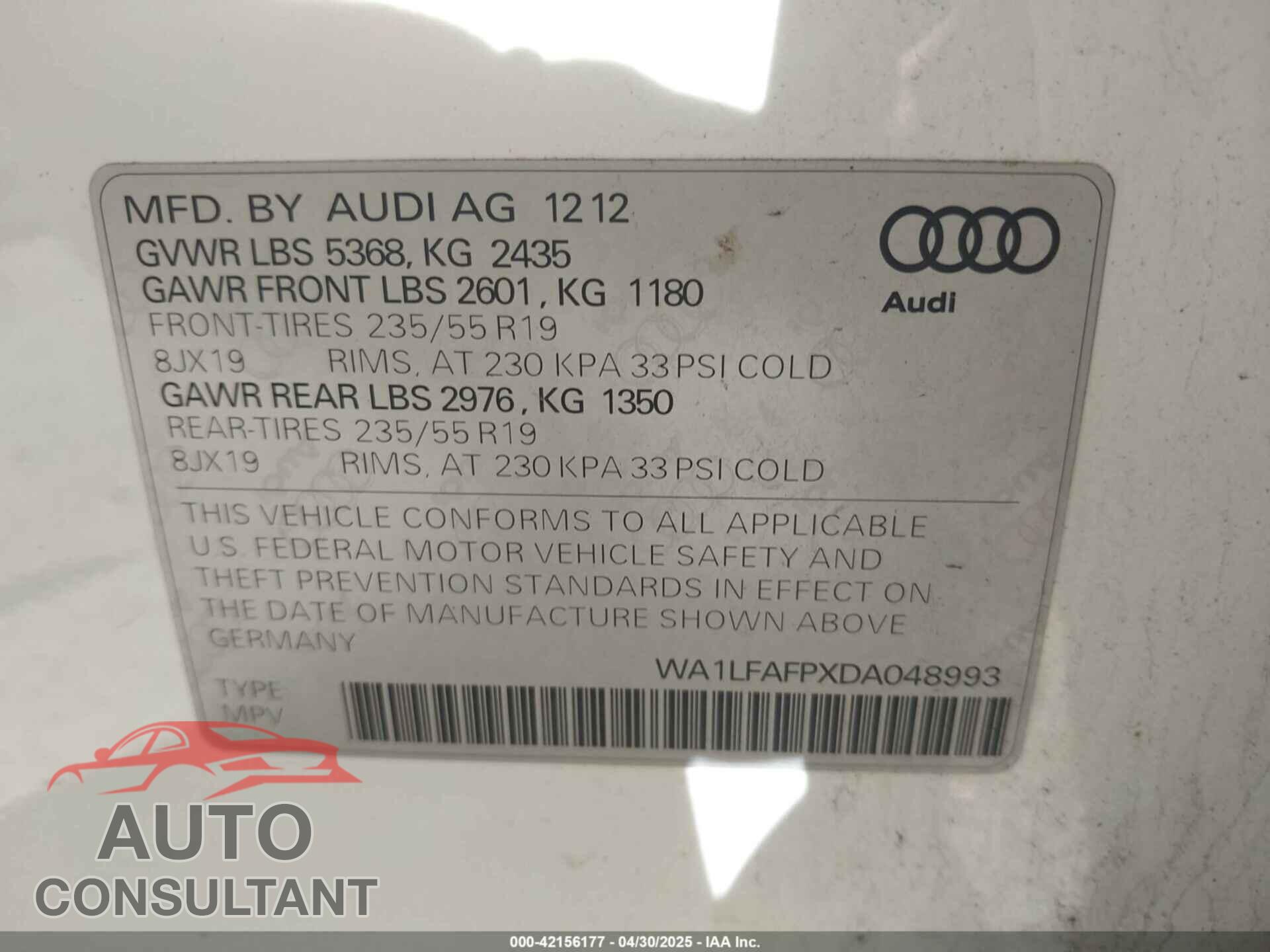 AUDI Q5 2013 - WA1LFAFPXDA048993