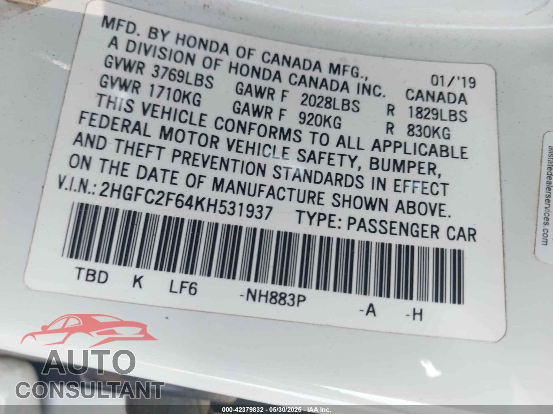 HONDA CIVIC 2019 - 2HGFC2F64KH531937