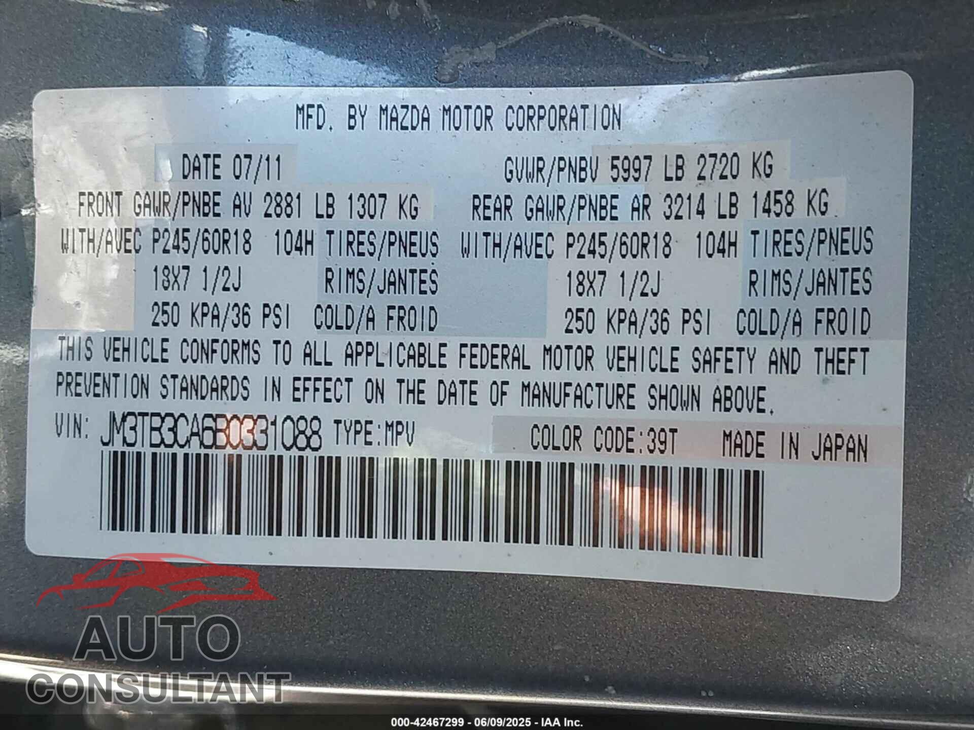 MAZDA CX-9 2011 - JM3TB3CA6B0331088