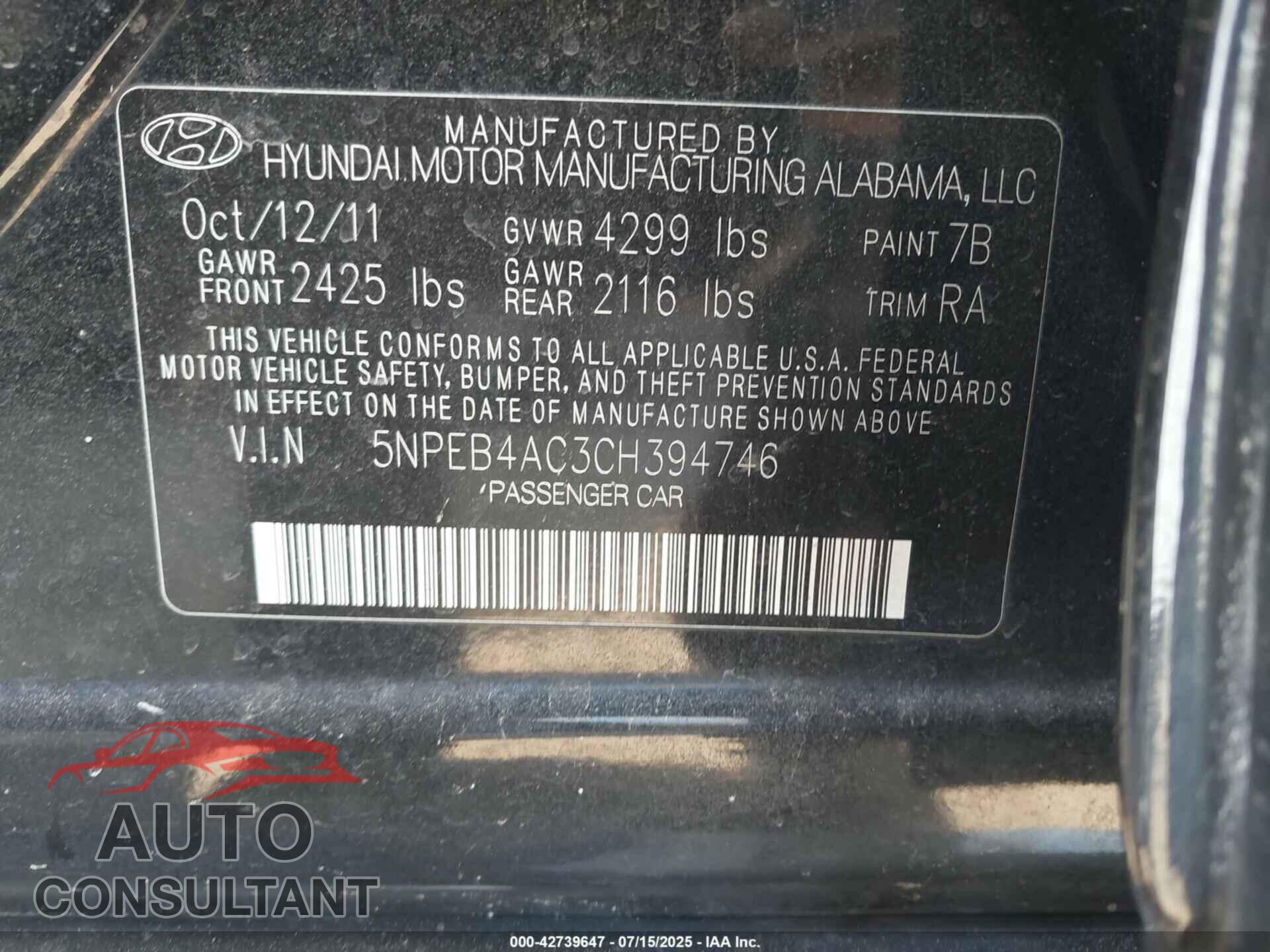 HYUNDAI SONATA 2012 - 5NPEB4AC3CH394746