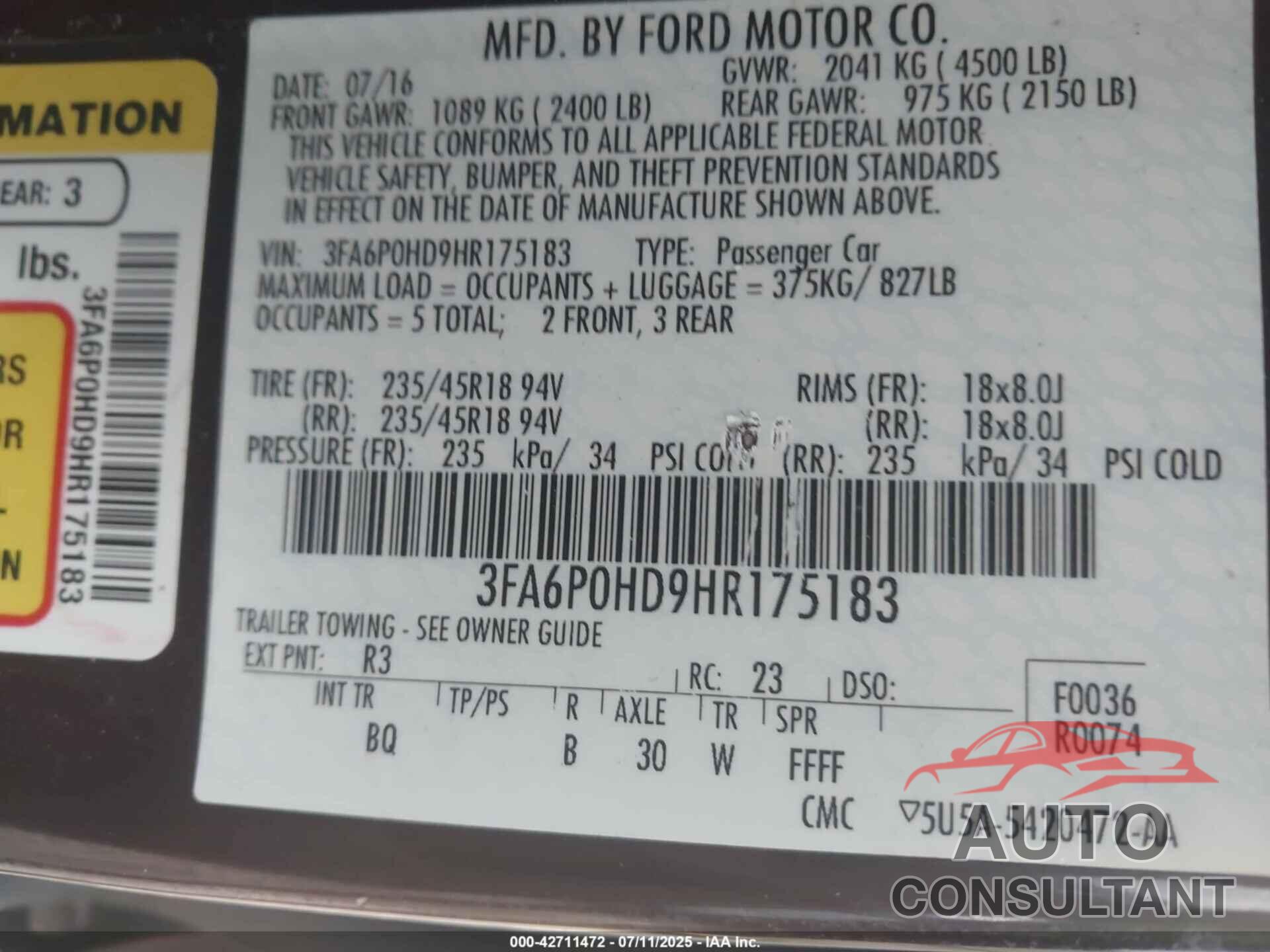 FORD FUSION 2017 - 3FA6P0HD9HR175183