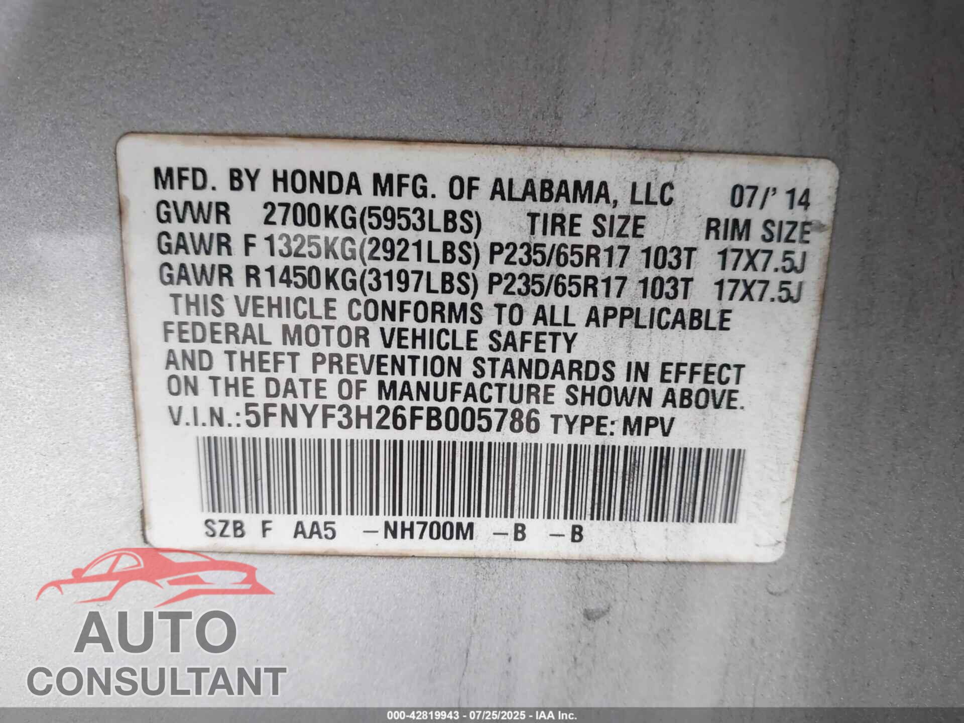 HONDA PILOT 2015 - 5FNYF3H26FB005786