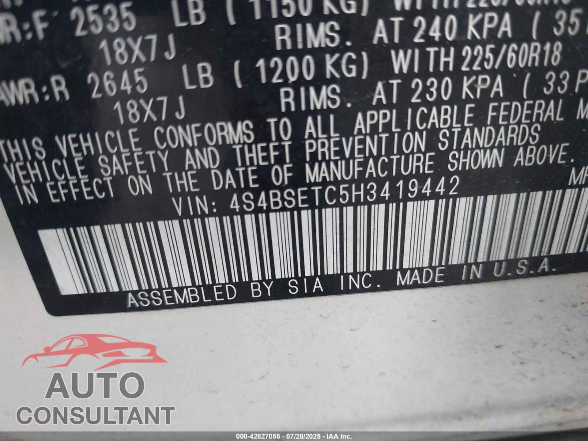 SUBARU OUTBACK 2017 - 4S4BSETC5H3419442
