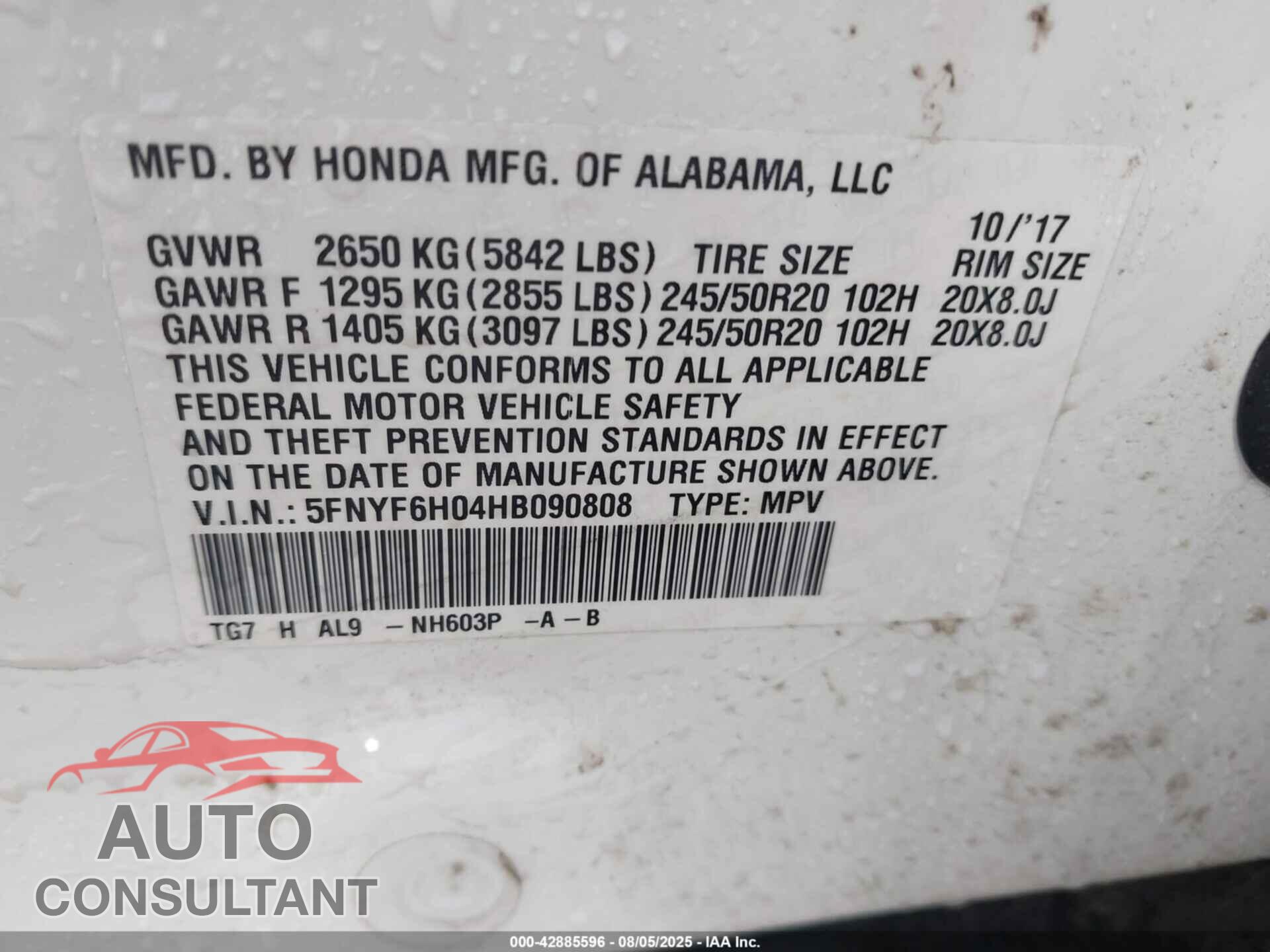 HONDA PILOT 2017 - 5FNYF6H04HB090808