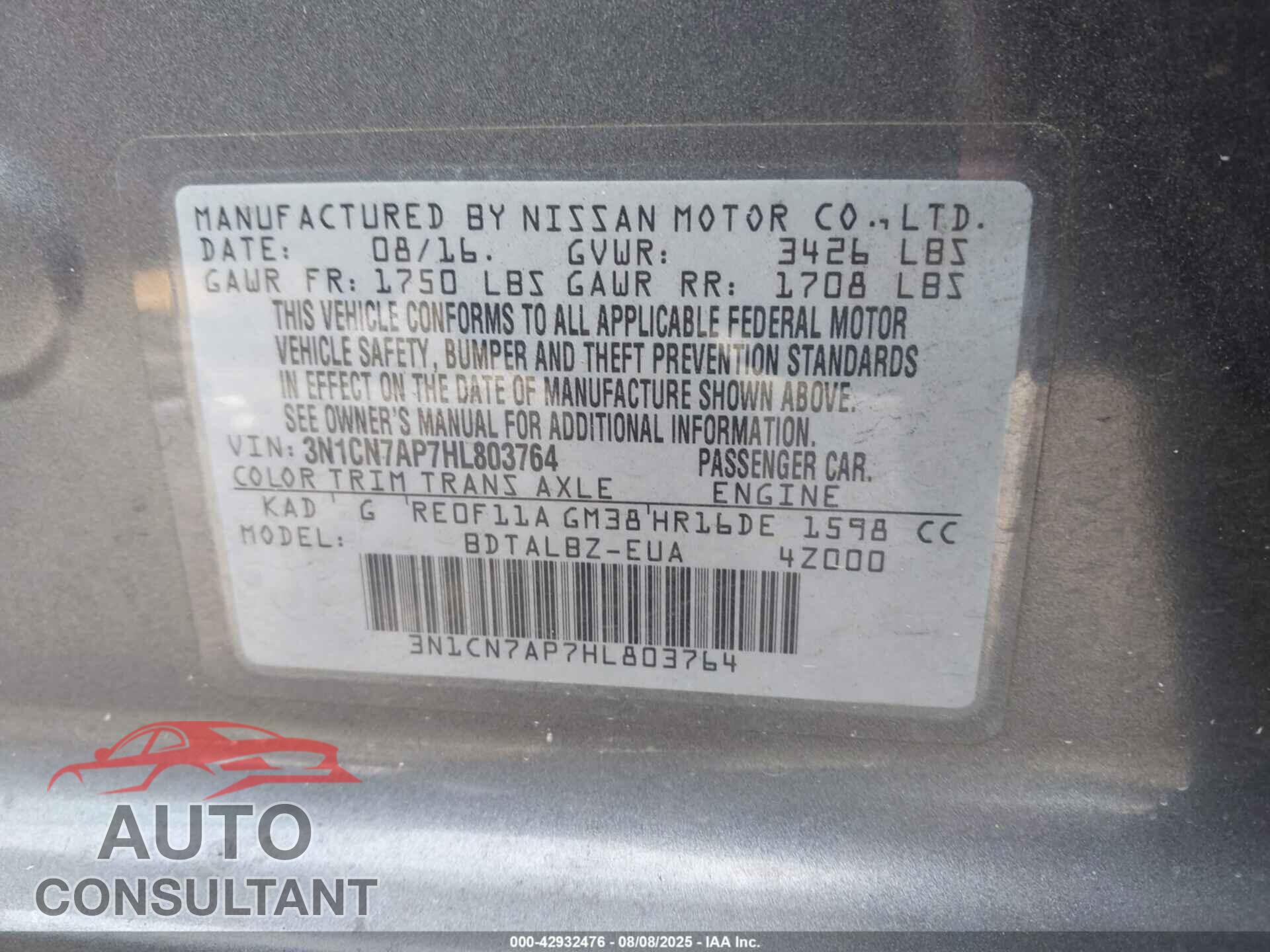 NISSAN VERSA 2017 - 3N1CN7AP7HL803764