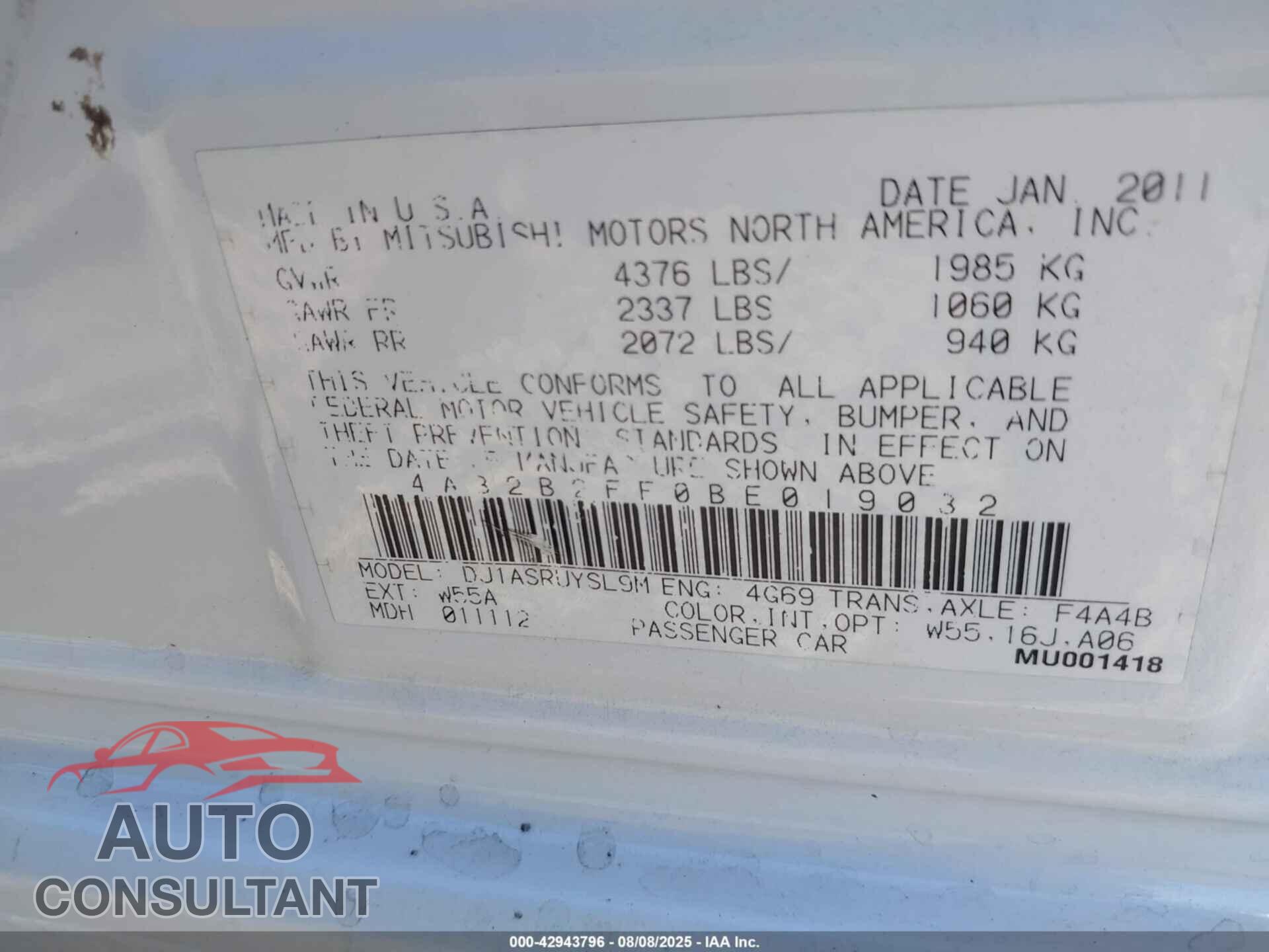 MITSUBISHI GALANT 2011 - 4A32B2FF0BE019032