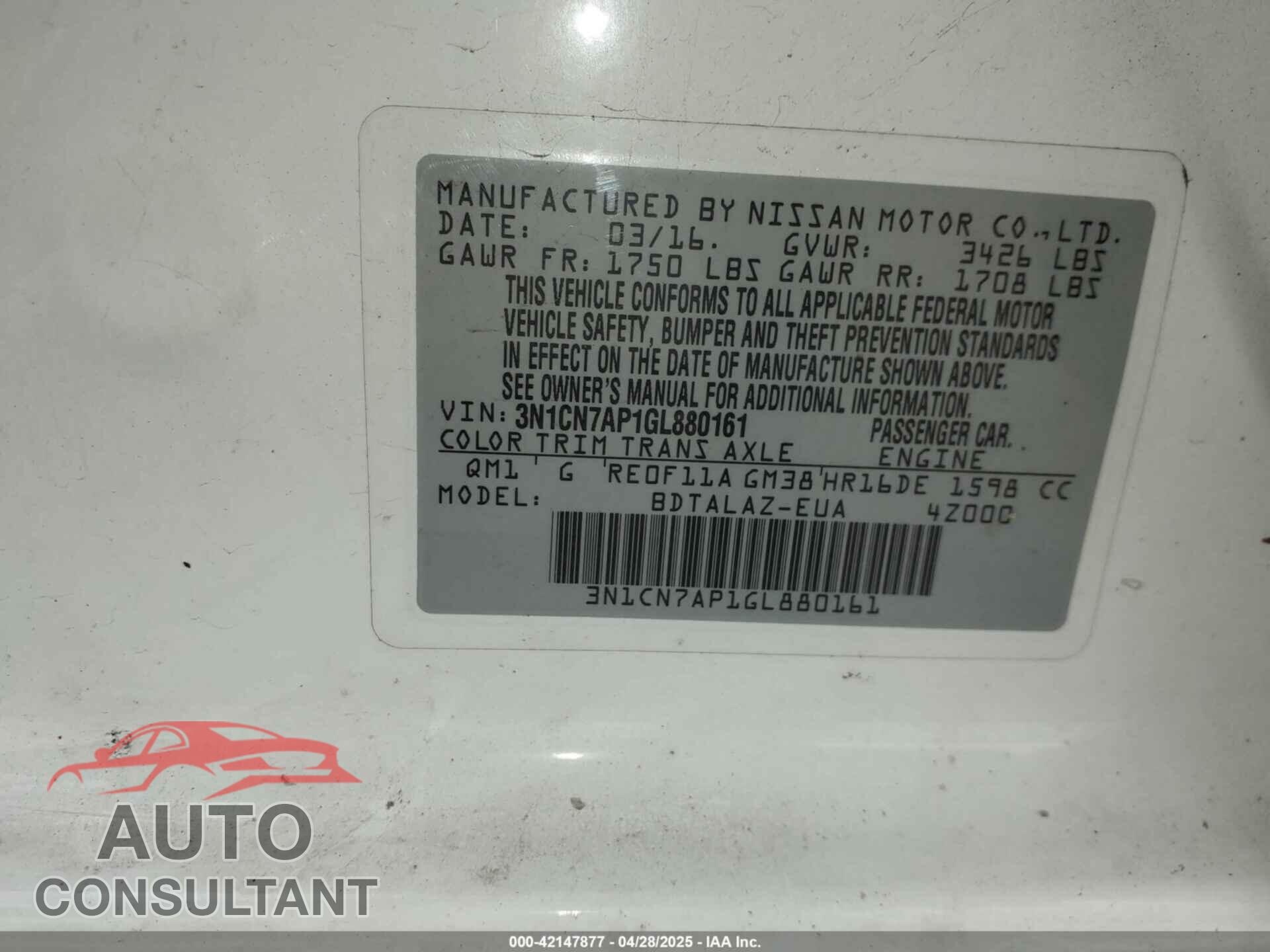 NISSAN VERSA 2016 - 3N1CN7AP1GL880161