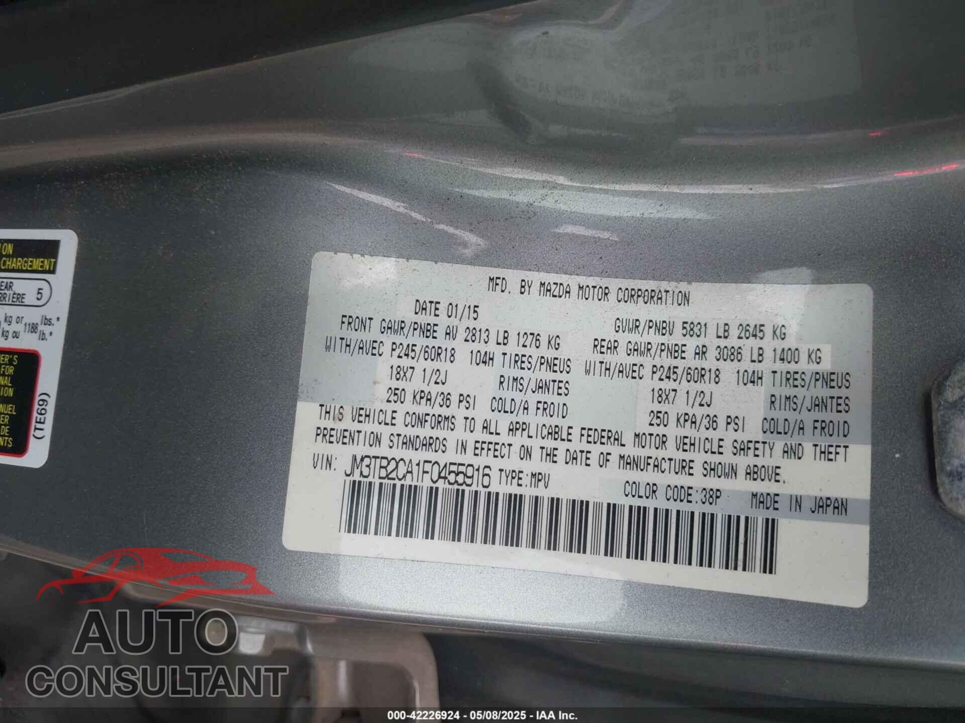 MAZDA CX-9 2015 - JM3TB2CA1F0455916