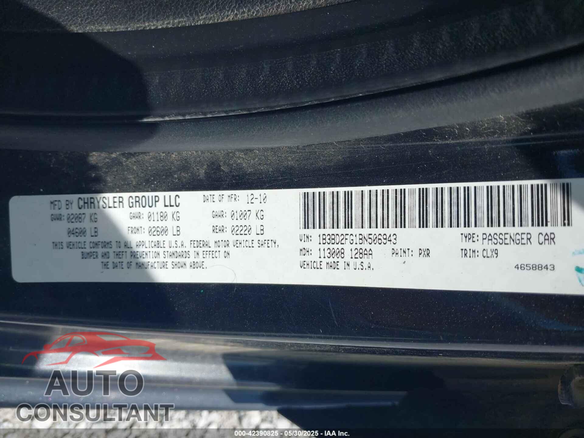 DODGE AVENGER 2011 - 1B3BD2FG1BN506943