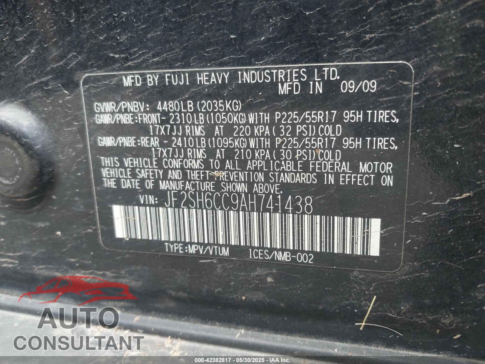 SUBARU FORESTER 2010 - JF2SH6CC9AH741438