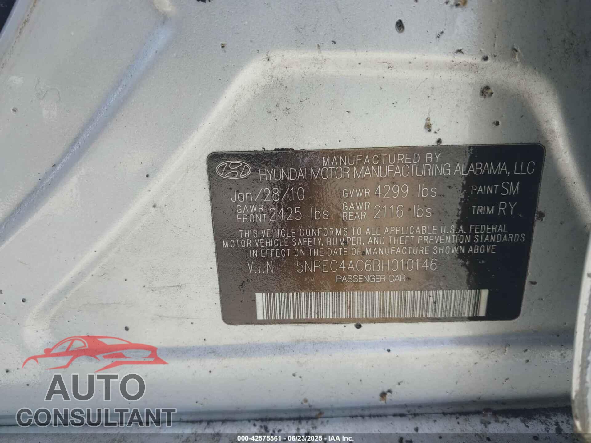 HYUNDAI SONATA 2011 - 5NPEC4AC6BH010146