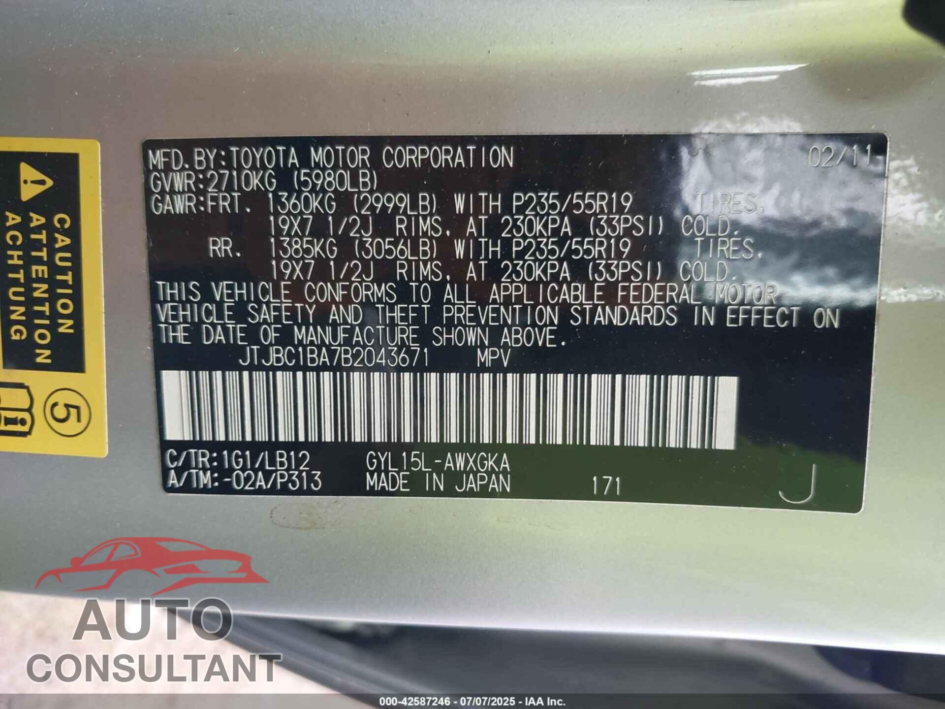 LEXUS RX 450H 2011 - JTJBC1BA7B2043671
