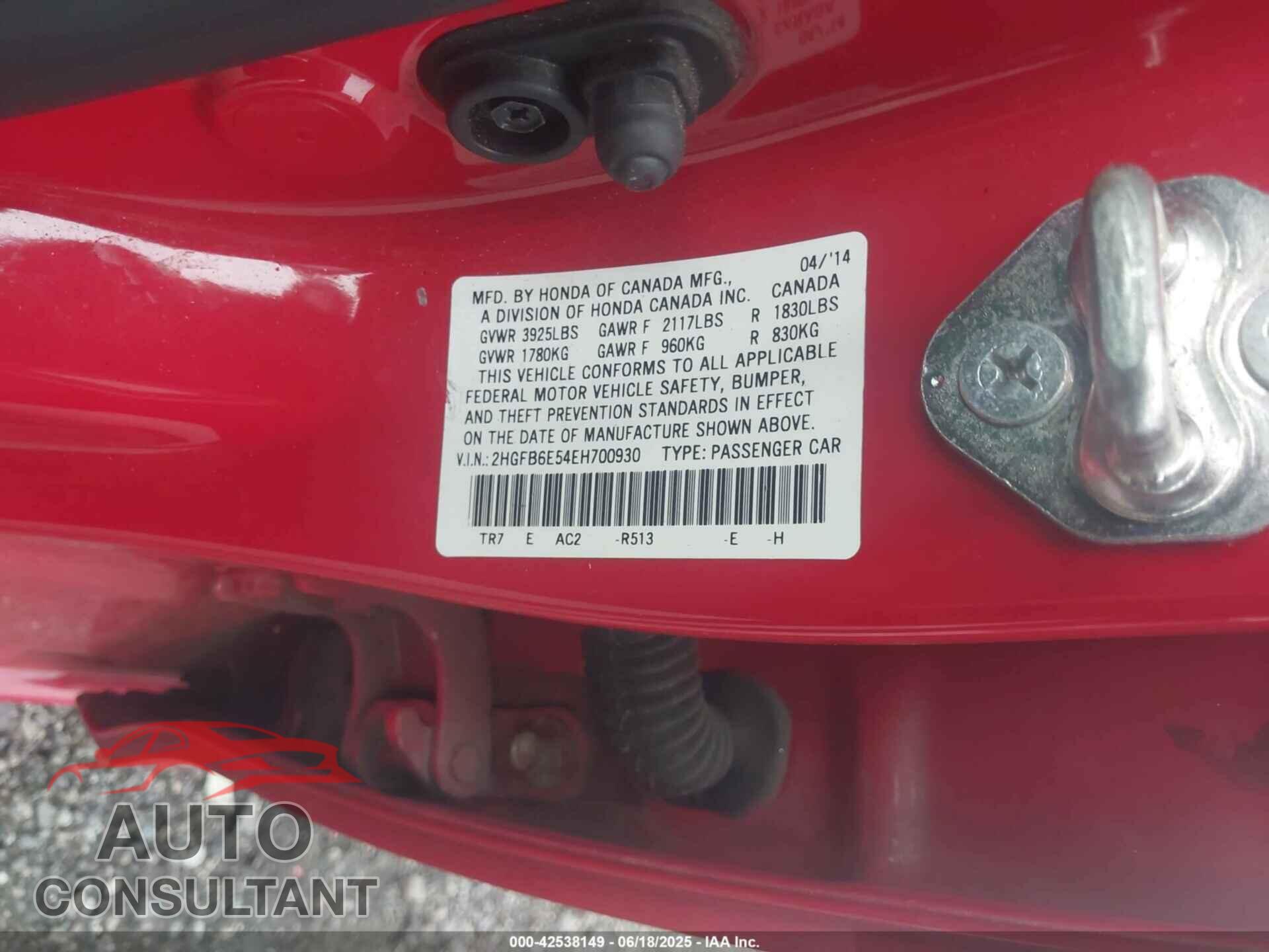 HONDA CIVIC 2014 - 2HGFB6E54EH700930