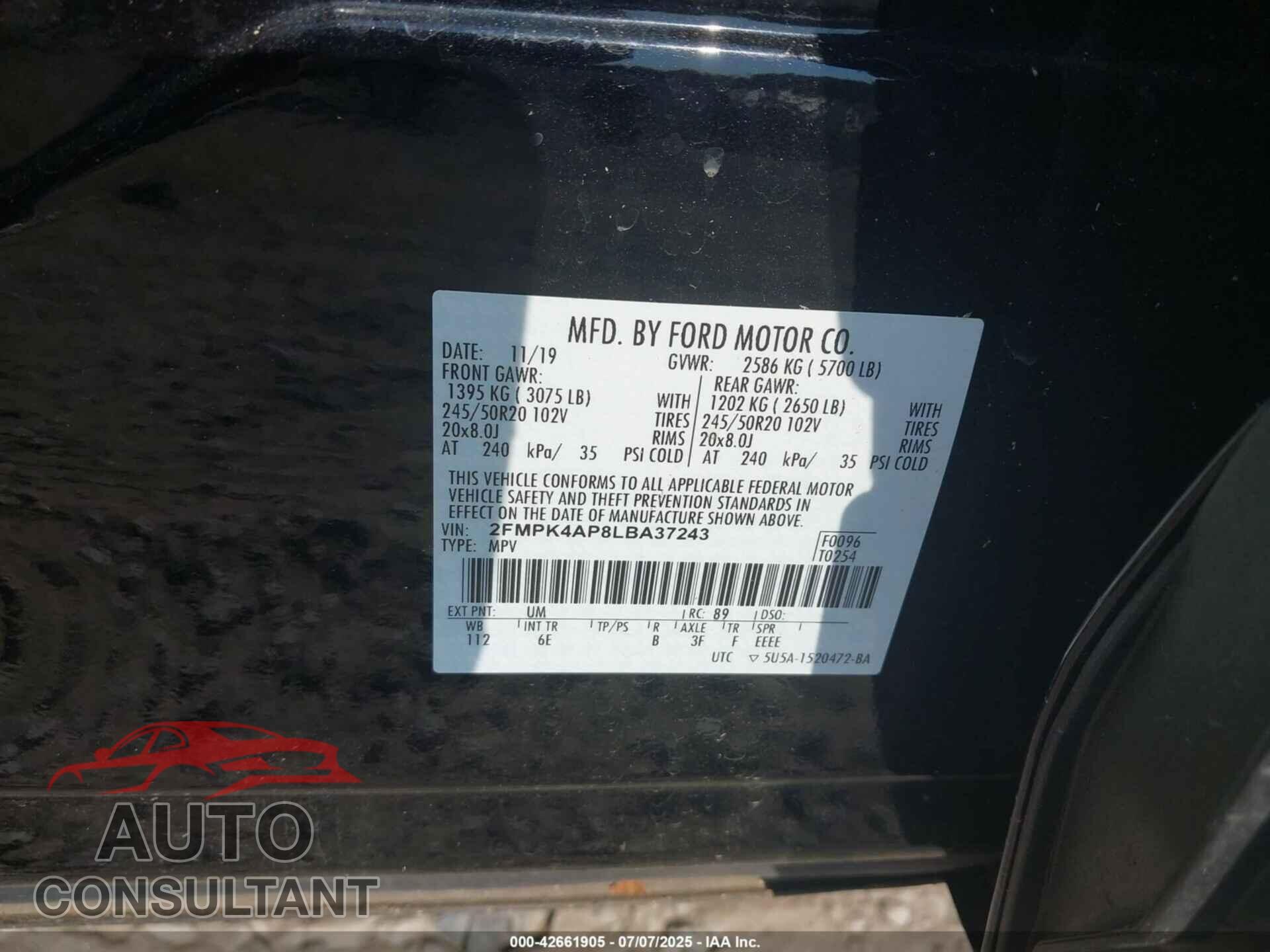 FORD EDGE 2020 - 2FMPK4AP8LBA37243