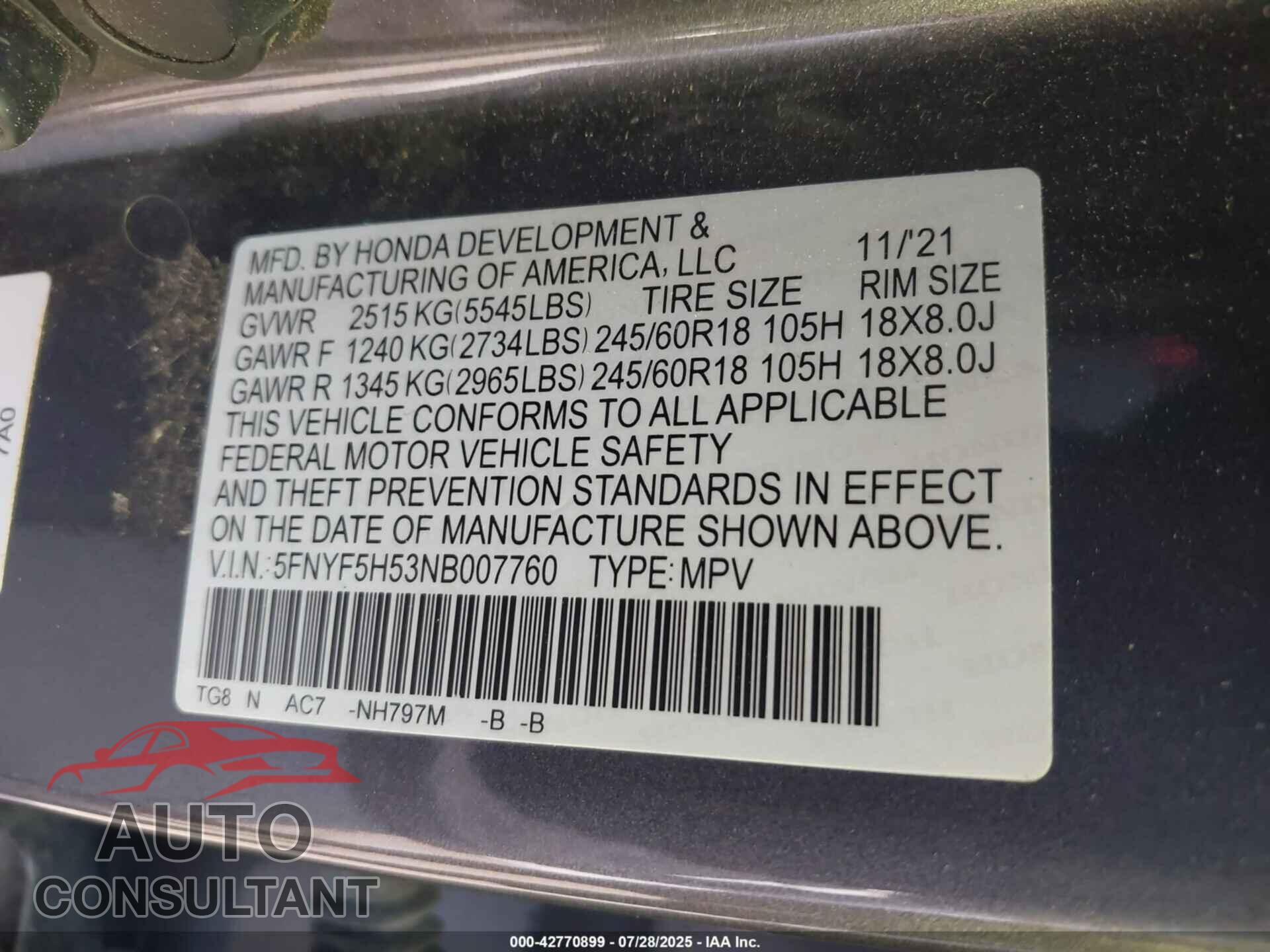 HONDA PILOT 2022 - 5FNYF5H53NB007760