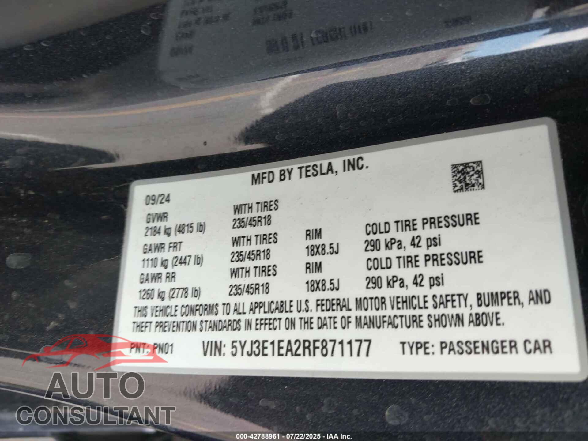 TESLA MODEL 3 2024 - 5YJ3E1EA2RF871177
