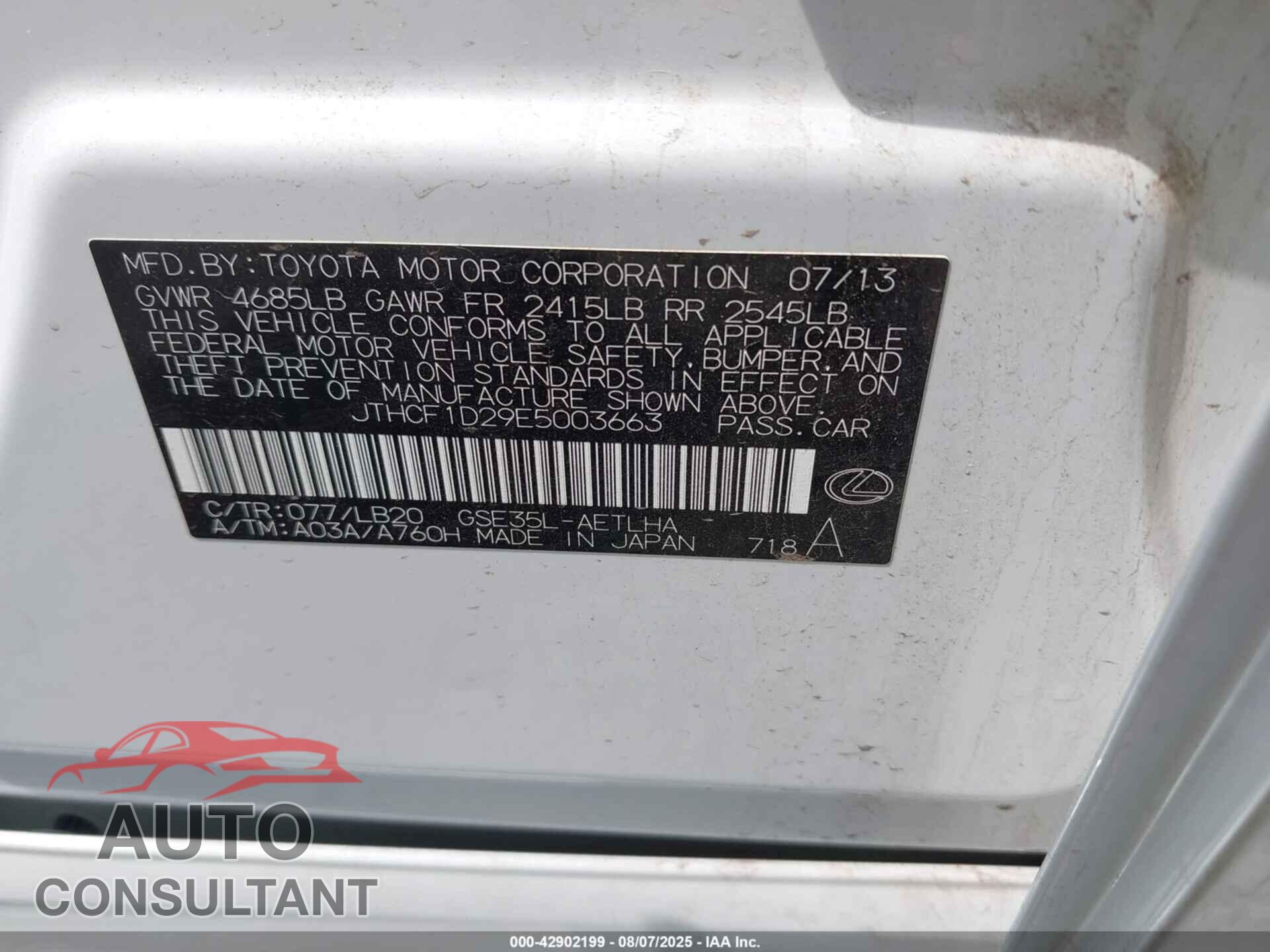 LEXUS IS 250 2014 - JTHCF1D29E5003663