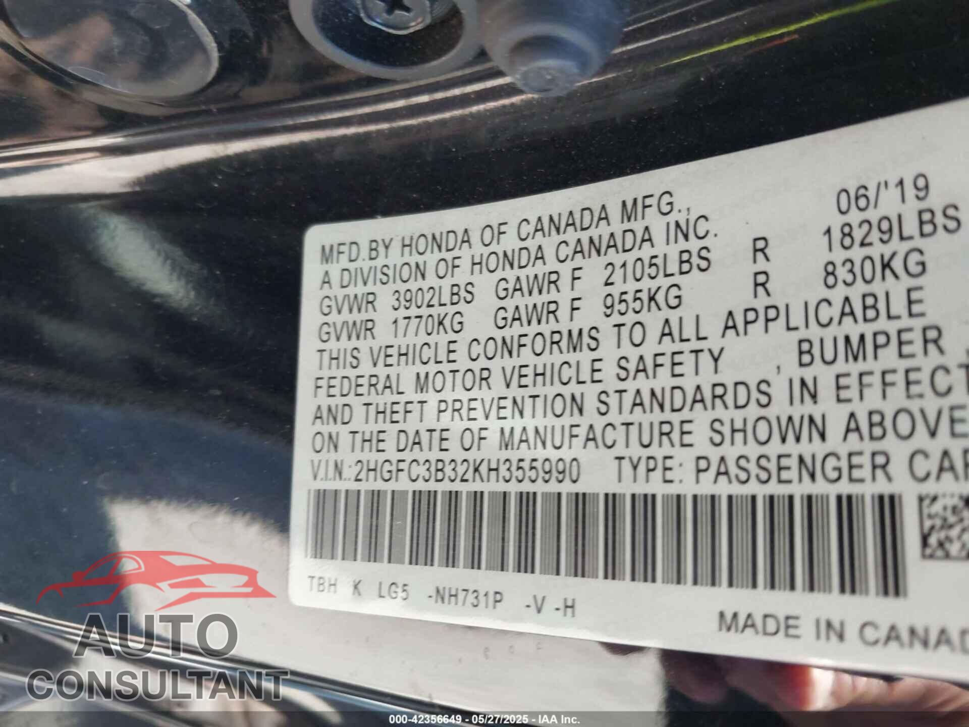 HONDA CIVIC 2019 - 2HGFC3B32KH355990