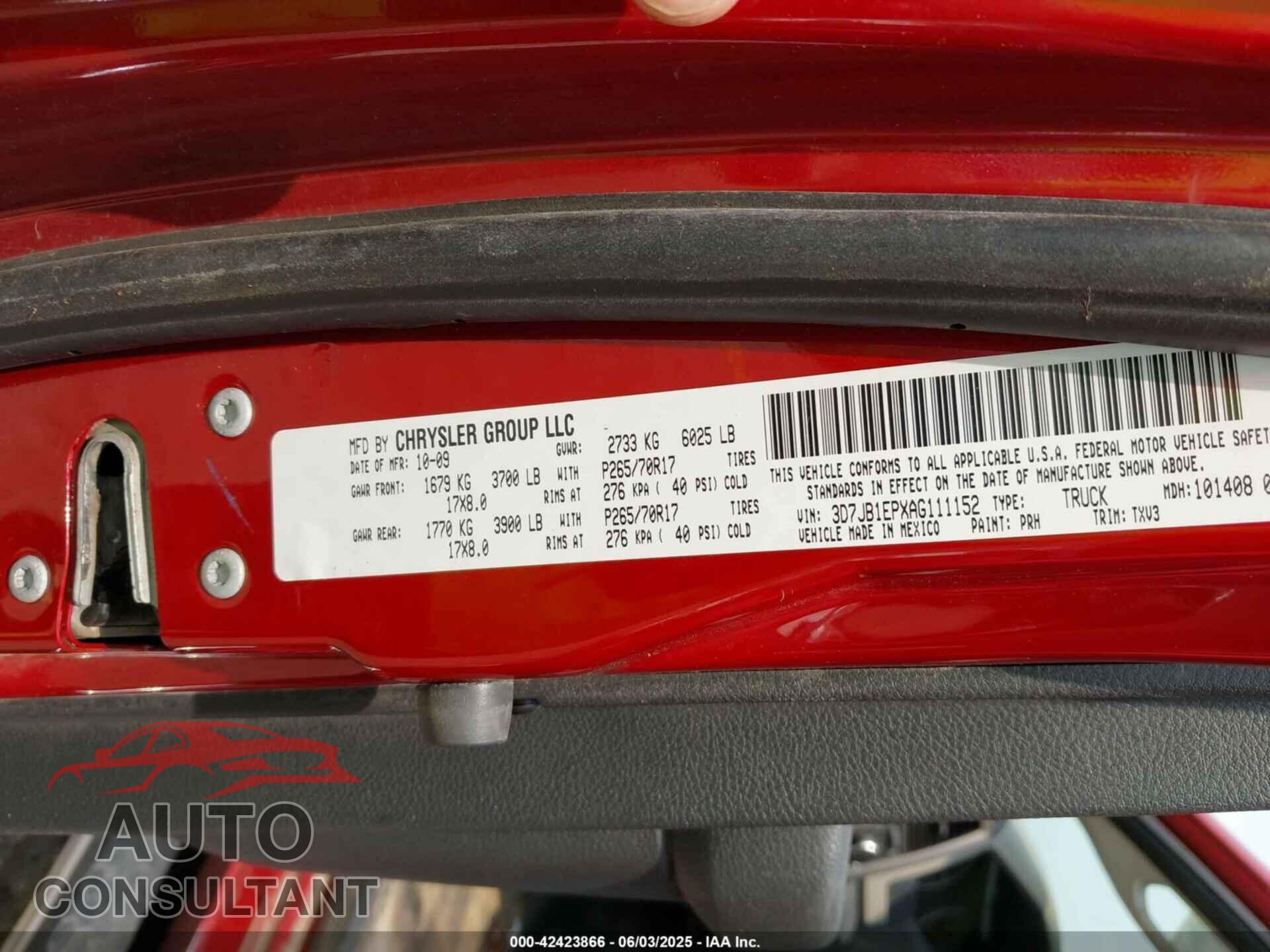 DODGE RAM 1500 2010 - 3D7JB1EPXAG111152