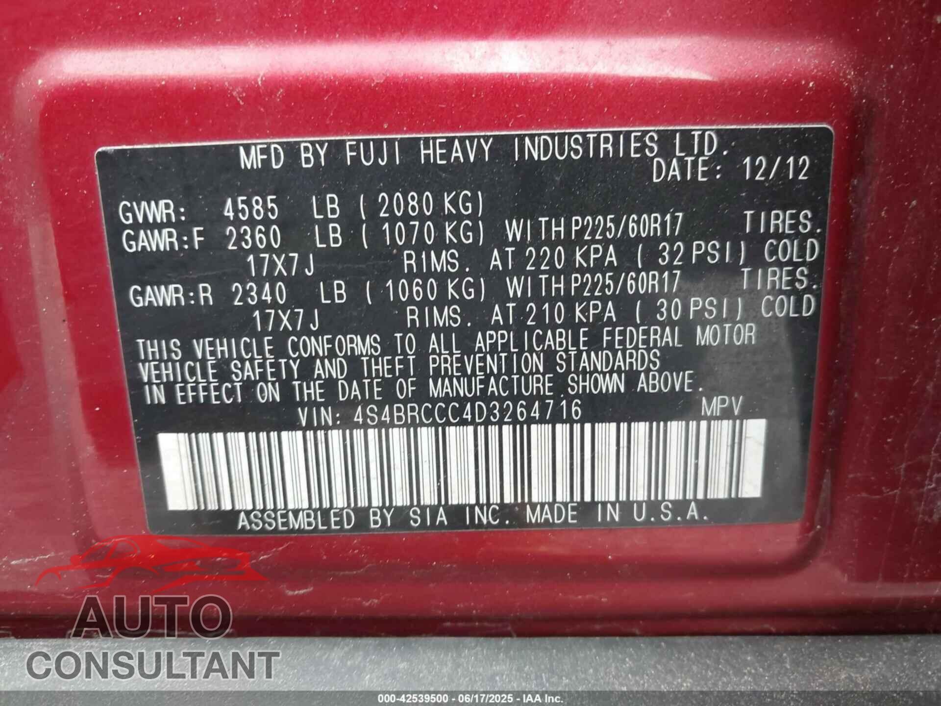 SUBARU OUTBACK 2013 - 4S4BRCCC4D3264716