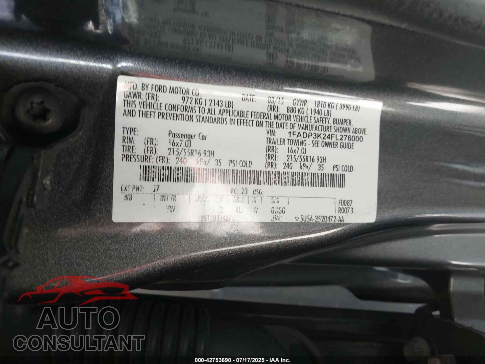 FORD FOCUS 2015 - 1FADP3K24FL276000