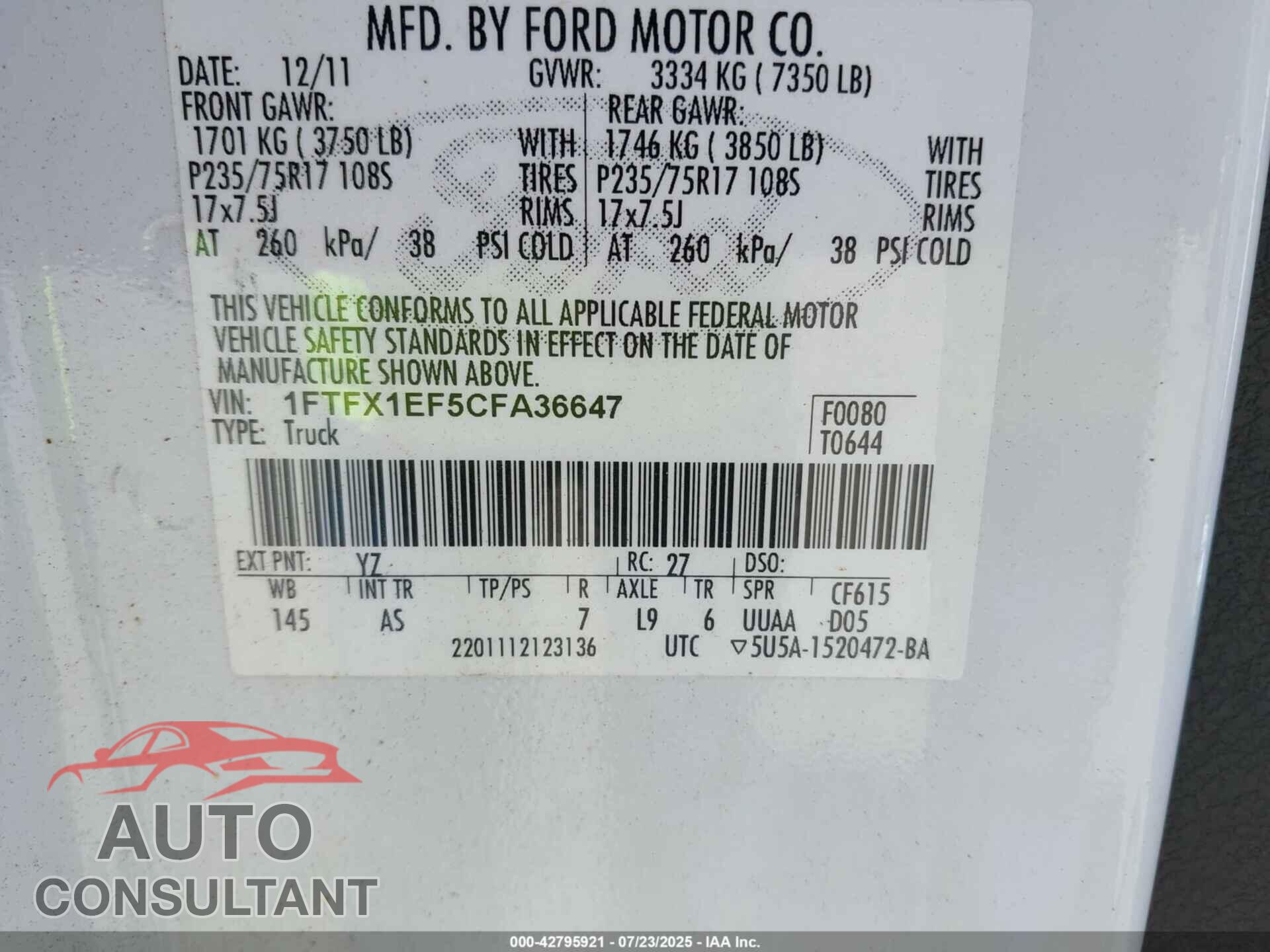 FORD F-150 2012 - 1FTFX1EF5CFA36647