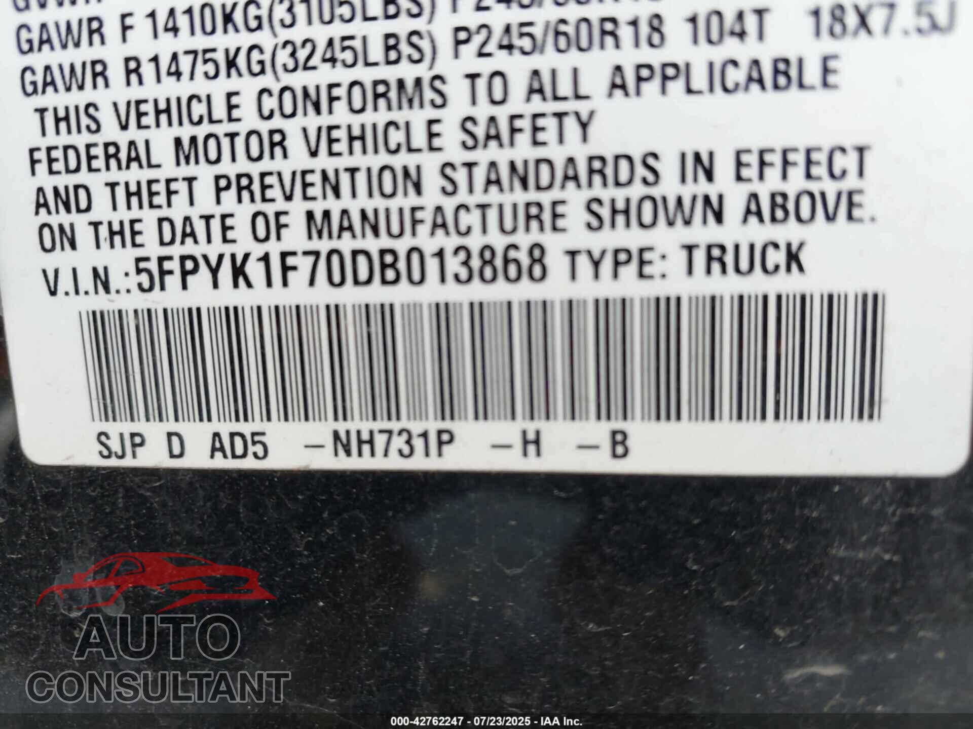 HONDA RIDGELINE 2013 - 5FPYK1F70DB013868