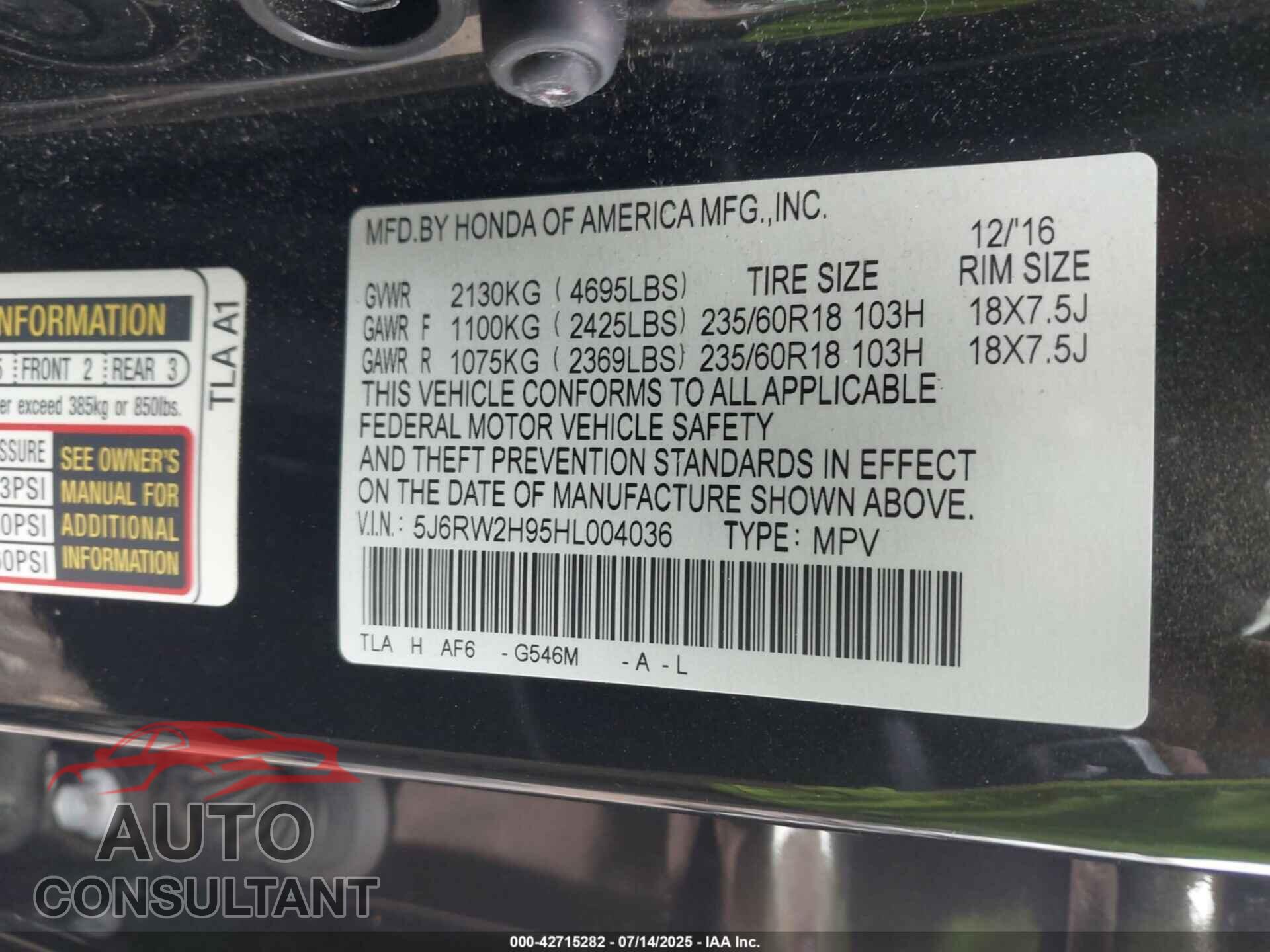 HONDA CR-V 2017 - 5J6RW2H95HL004036