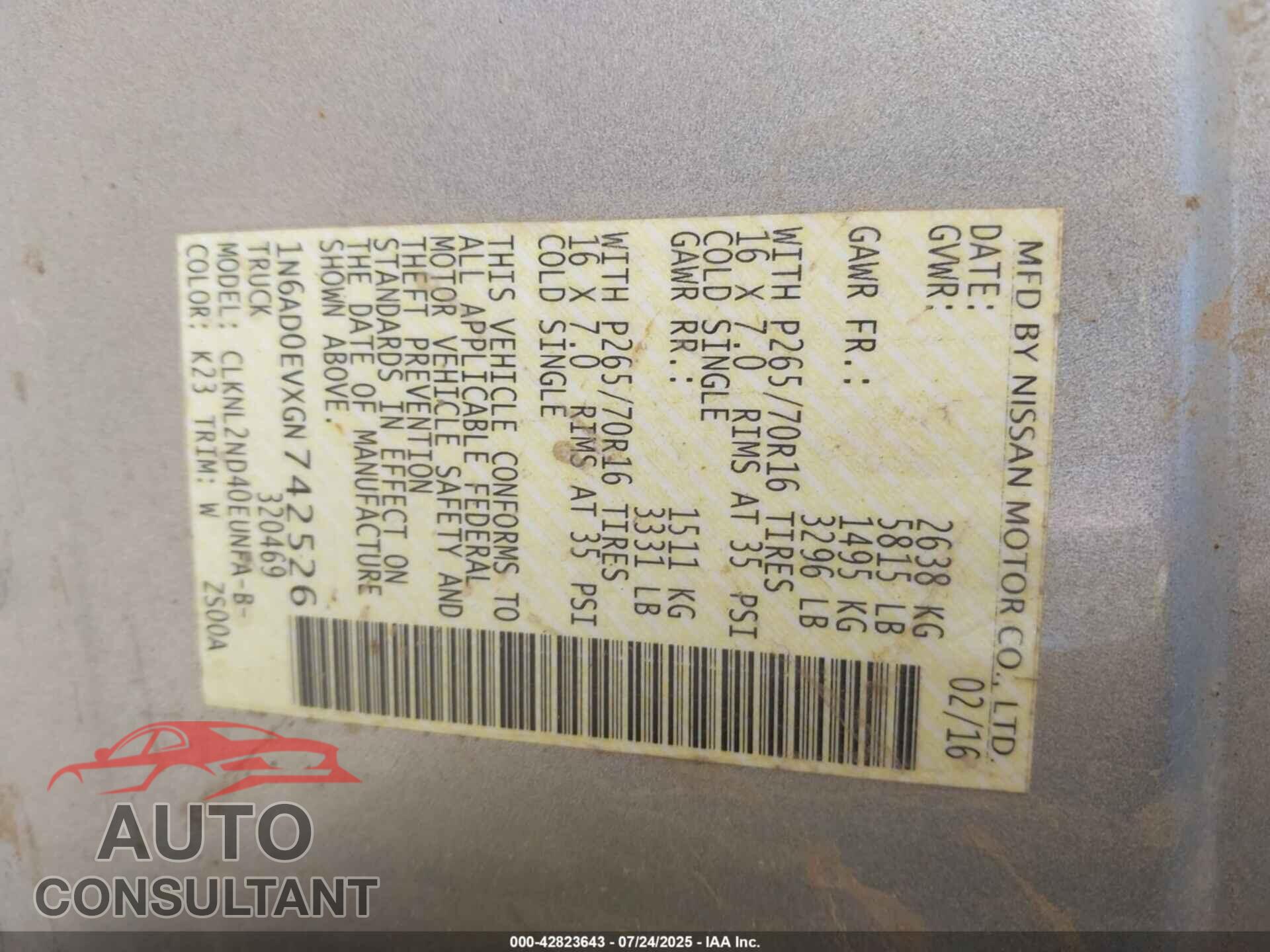 NISSAN FRONTIER 2016 - 1N6AD0EVXGN742526