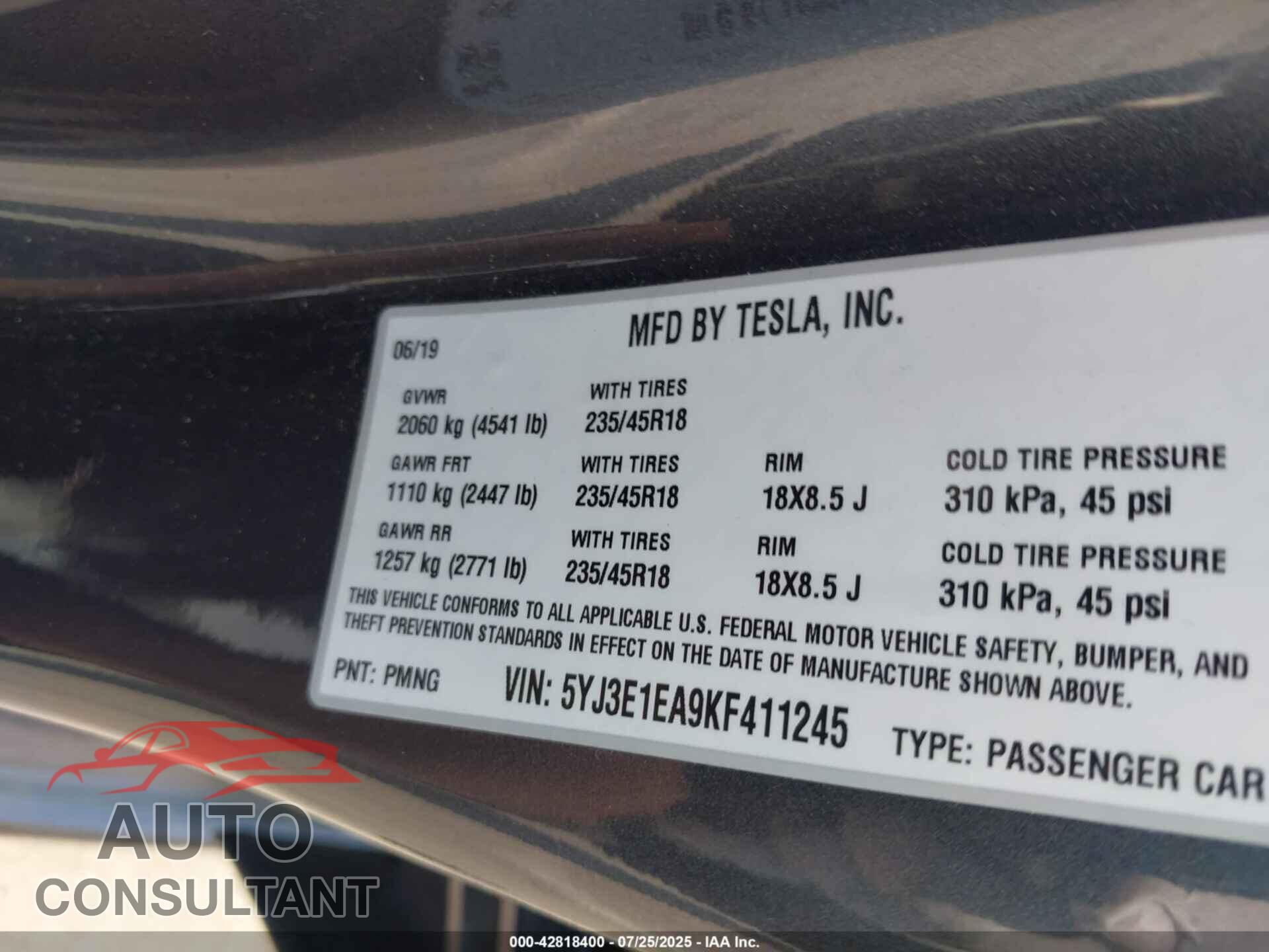 TESLA MODEL 3 2019 - 5YJ3E1EA9KF411245