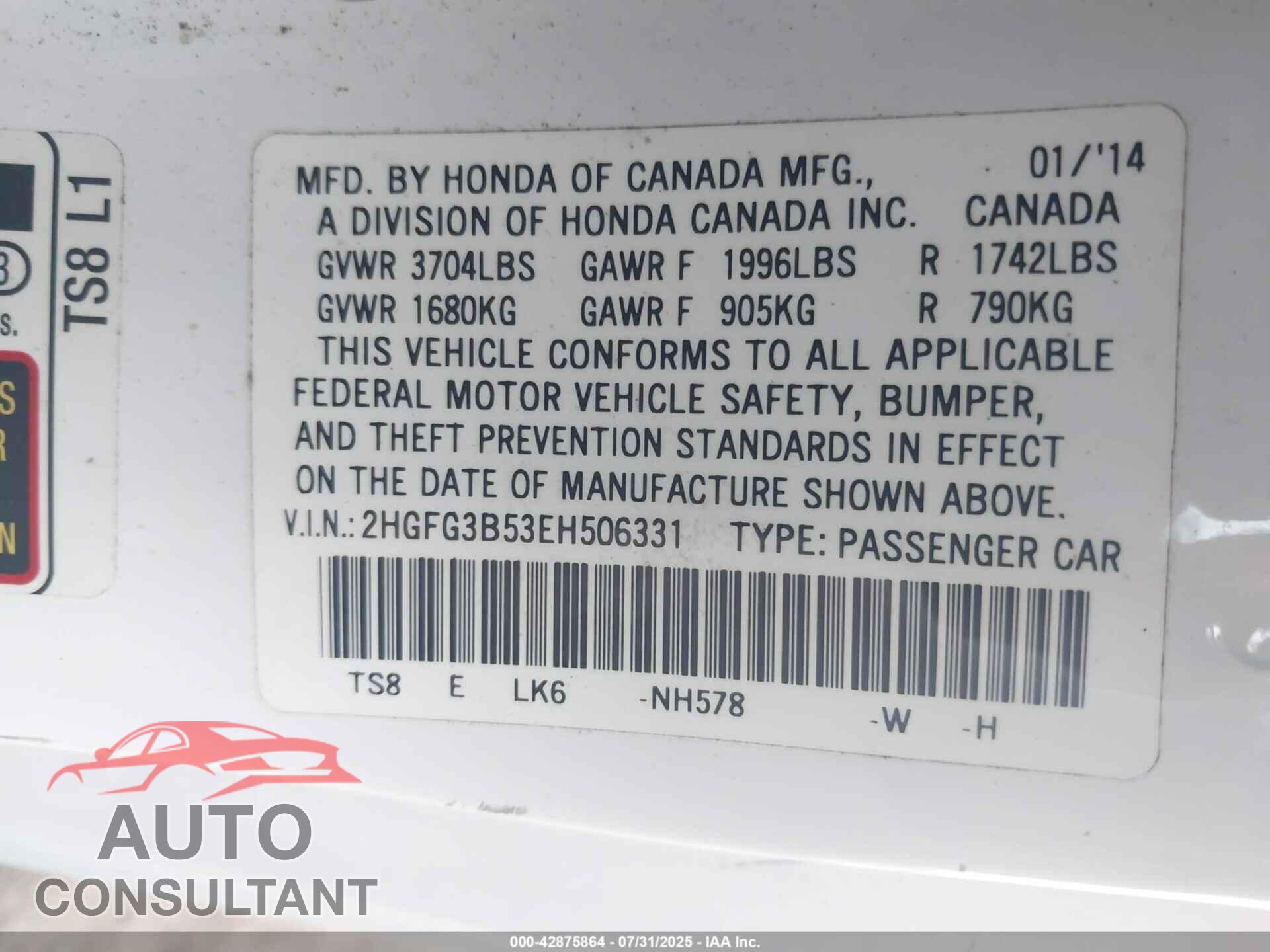 HONDA CIVIC 2014 - 2HGFG3B53EH506331