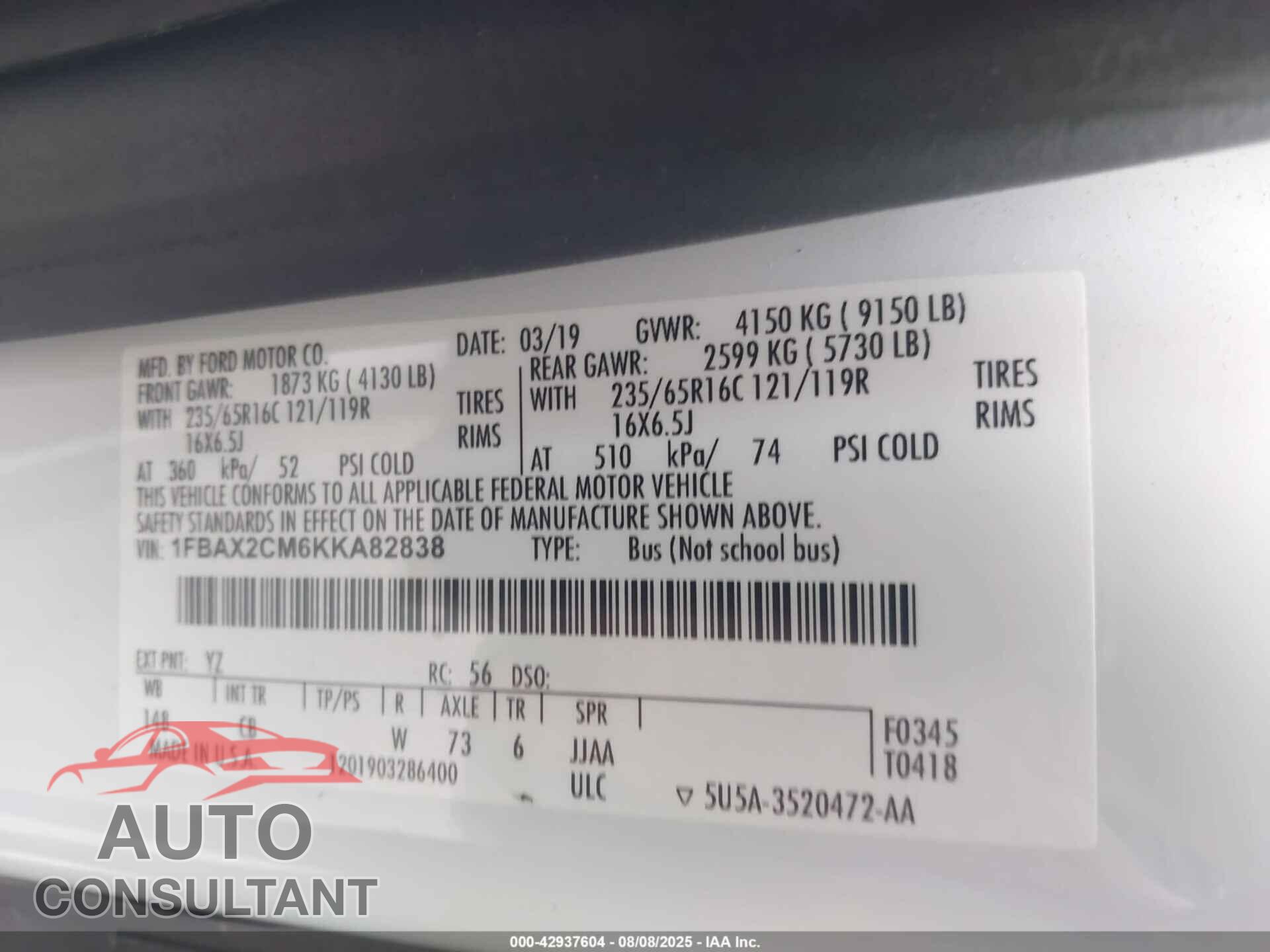 FORD TRANSIT-350 2019 - 1FBAX2CM6KKA82838