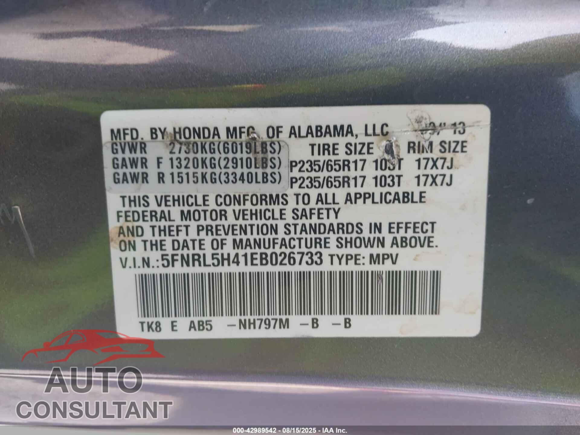 HONDA ODYSSEY 2014 - 5FNRL5H41EB026733