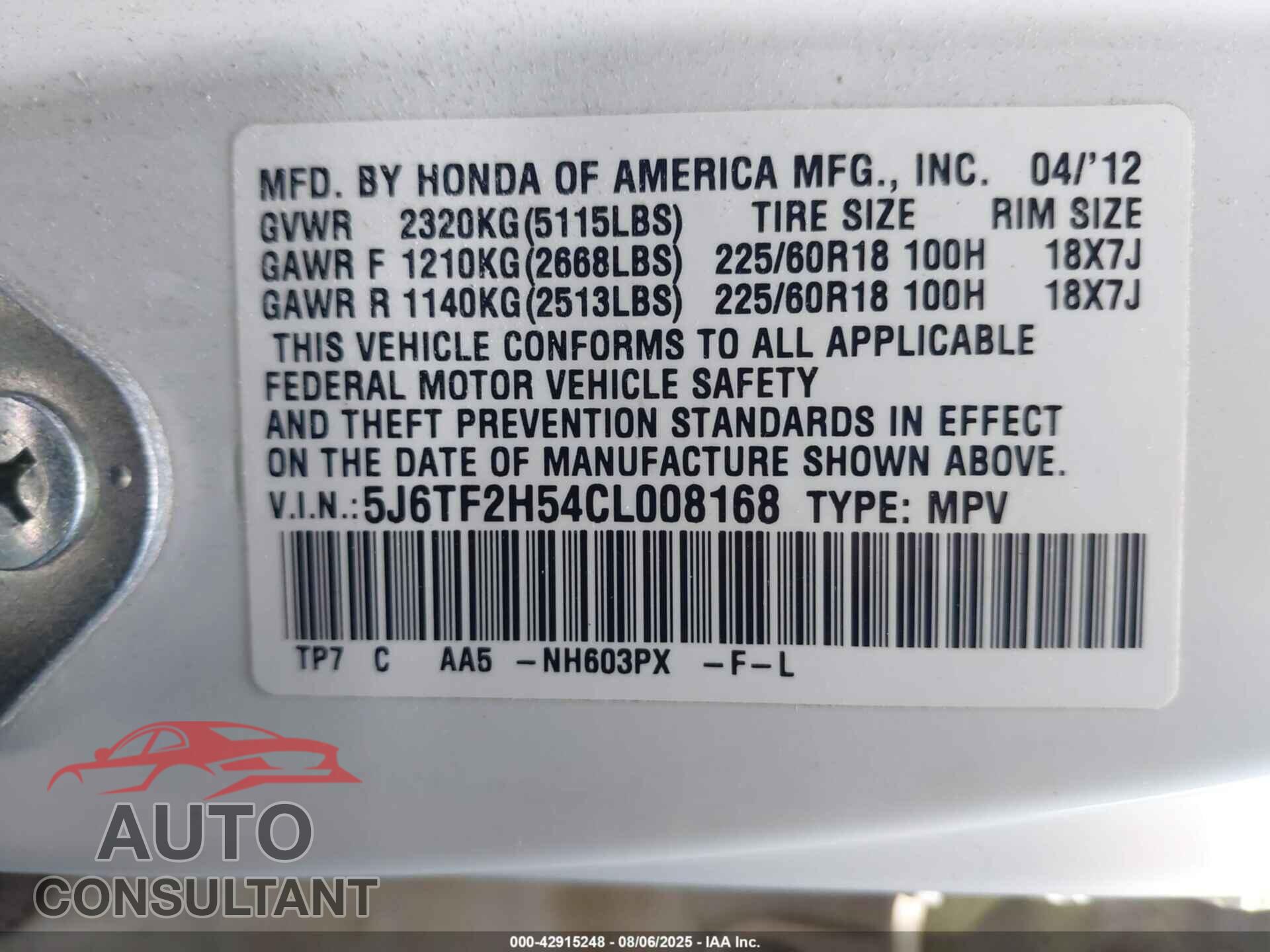 HONDA CROSSTOUR 2012 - 5J6TF2H54CL008168