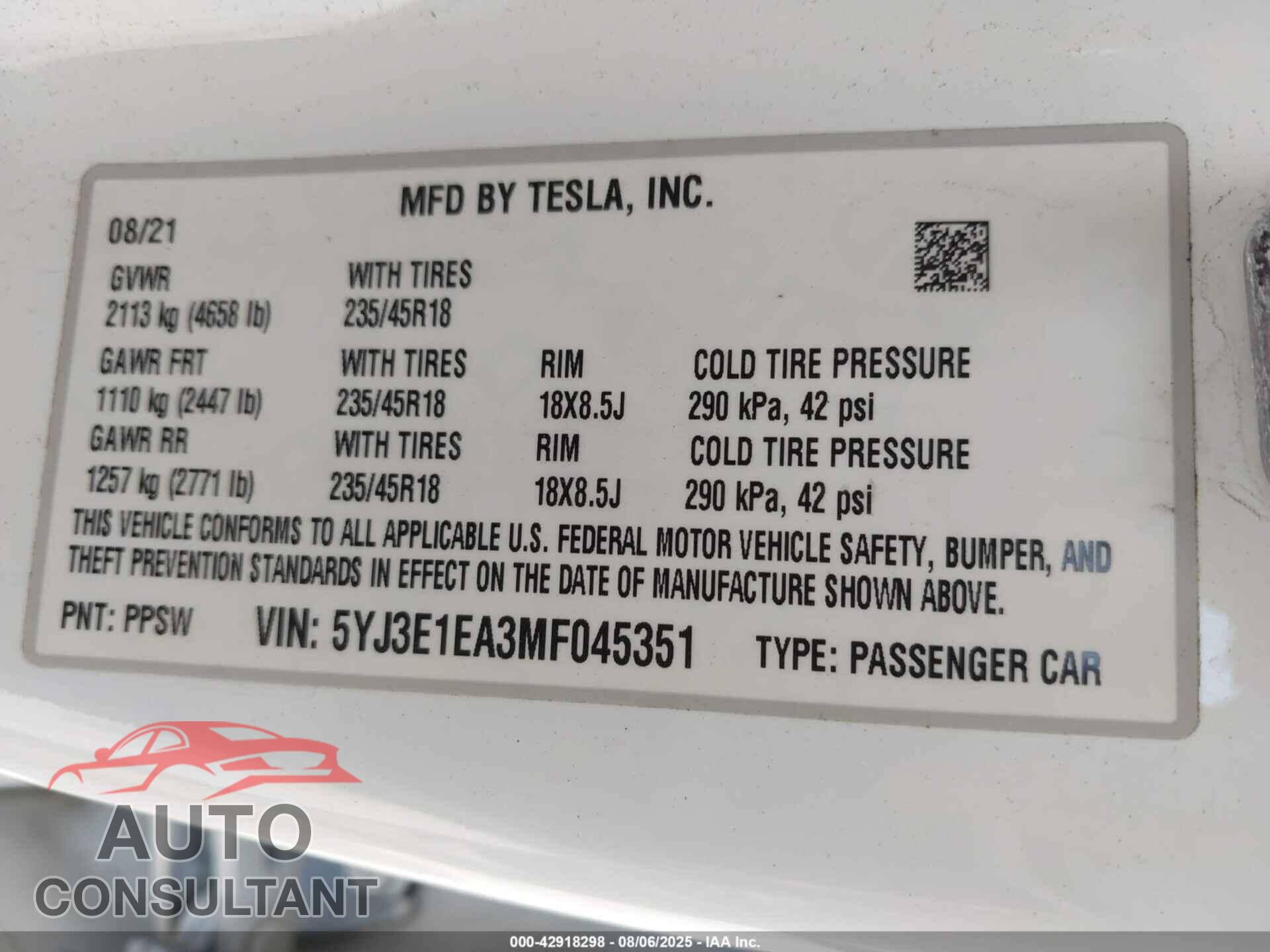 TESLA MODEL 3 2021 - 5YJ3E1EA3MF045351