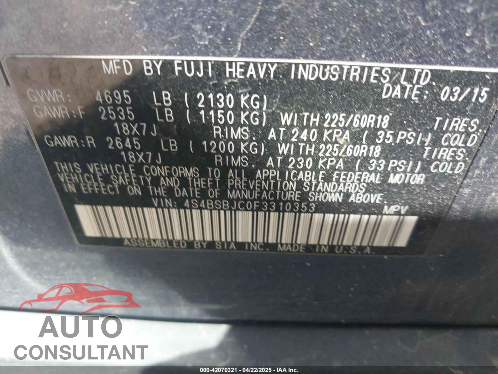 SUBARU OUTBACK 2015 - 4S4BSBJC0F3310353