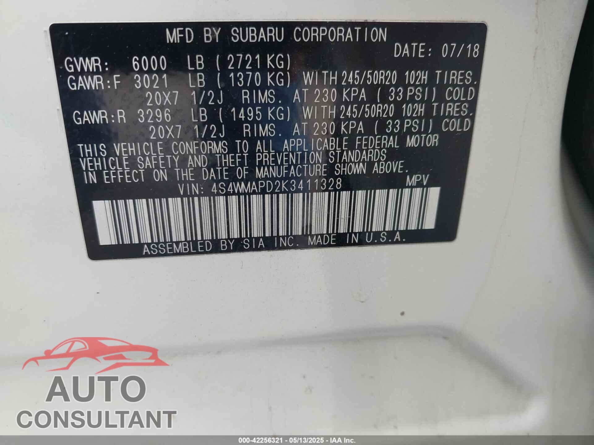 SUBARU ASCENT 2019 - 4S4WMAPD2K3411328