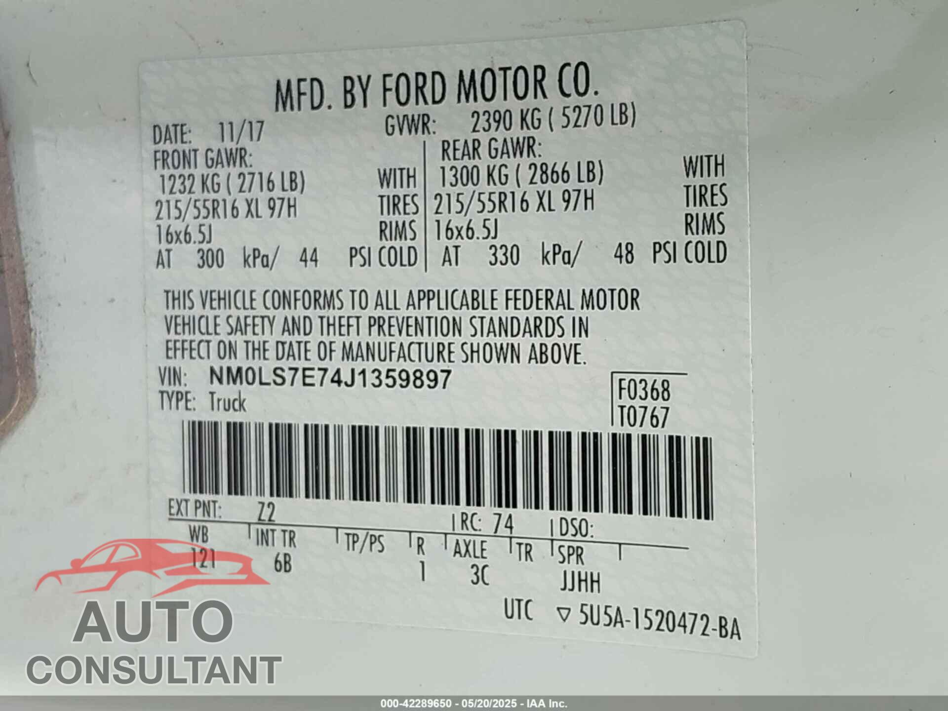 FORD TRANSIT CONNECT 2018 - NM0LS7E74J1359897