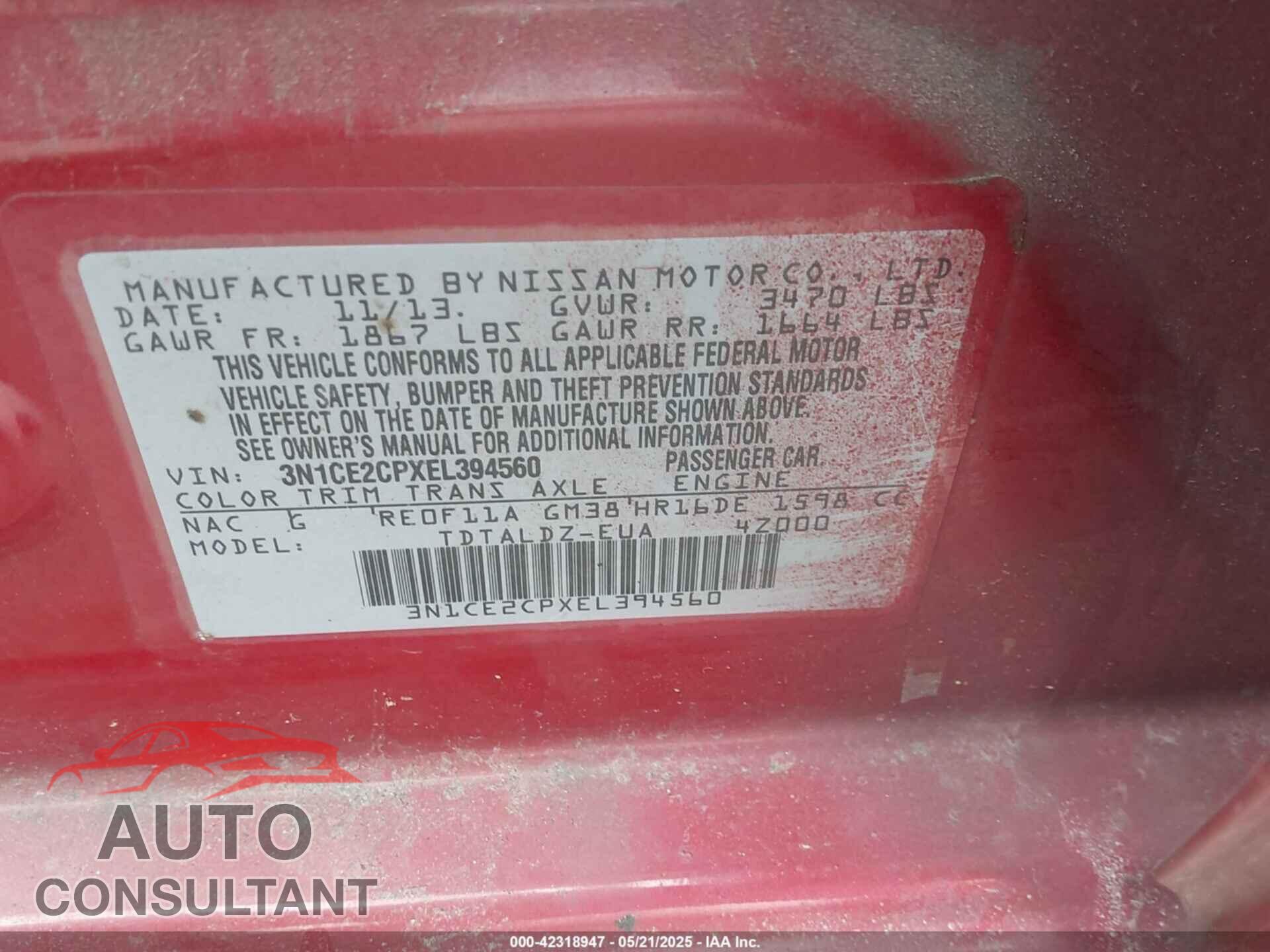 NISSAN VERSA NOTE 2014 - 3N1CE2CPXEL394560