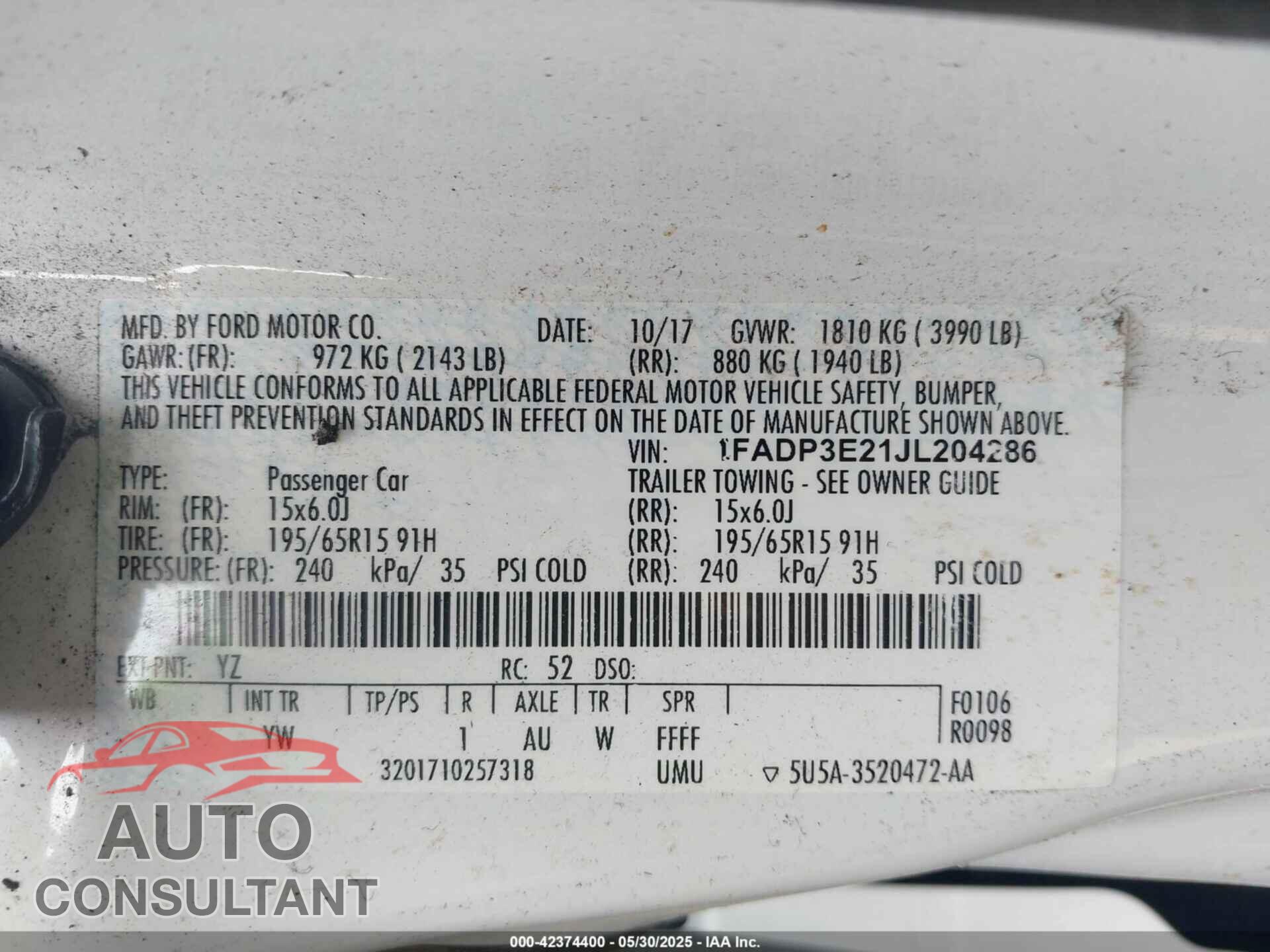 FORD FOCUS 2018 - 1FADP3E21JL204286