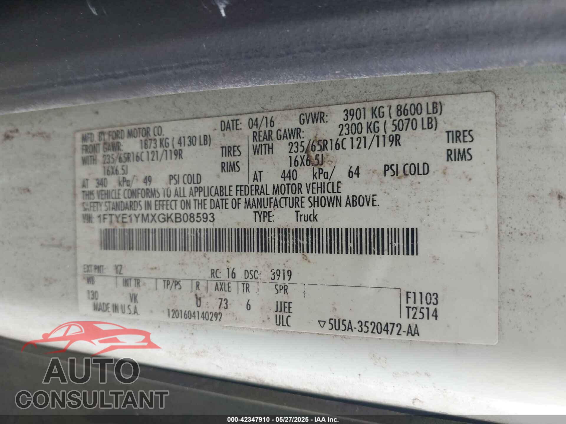 FORD TRANSIT-150 2016 - 1FTYE1YMXGKB08593