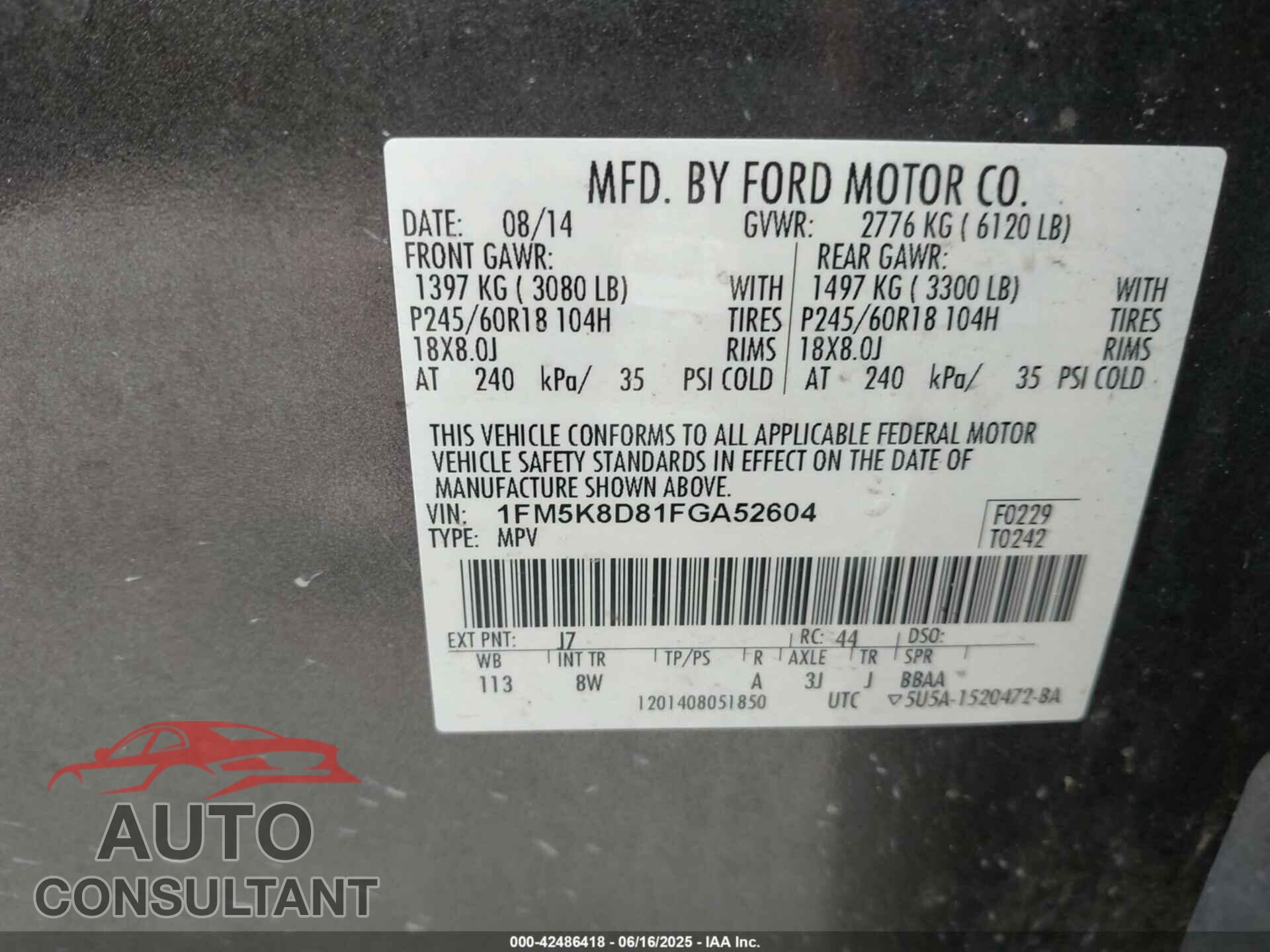 FORD EXPLORER 2015 - 1FM5K8D81FGA52604