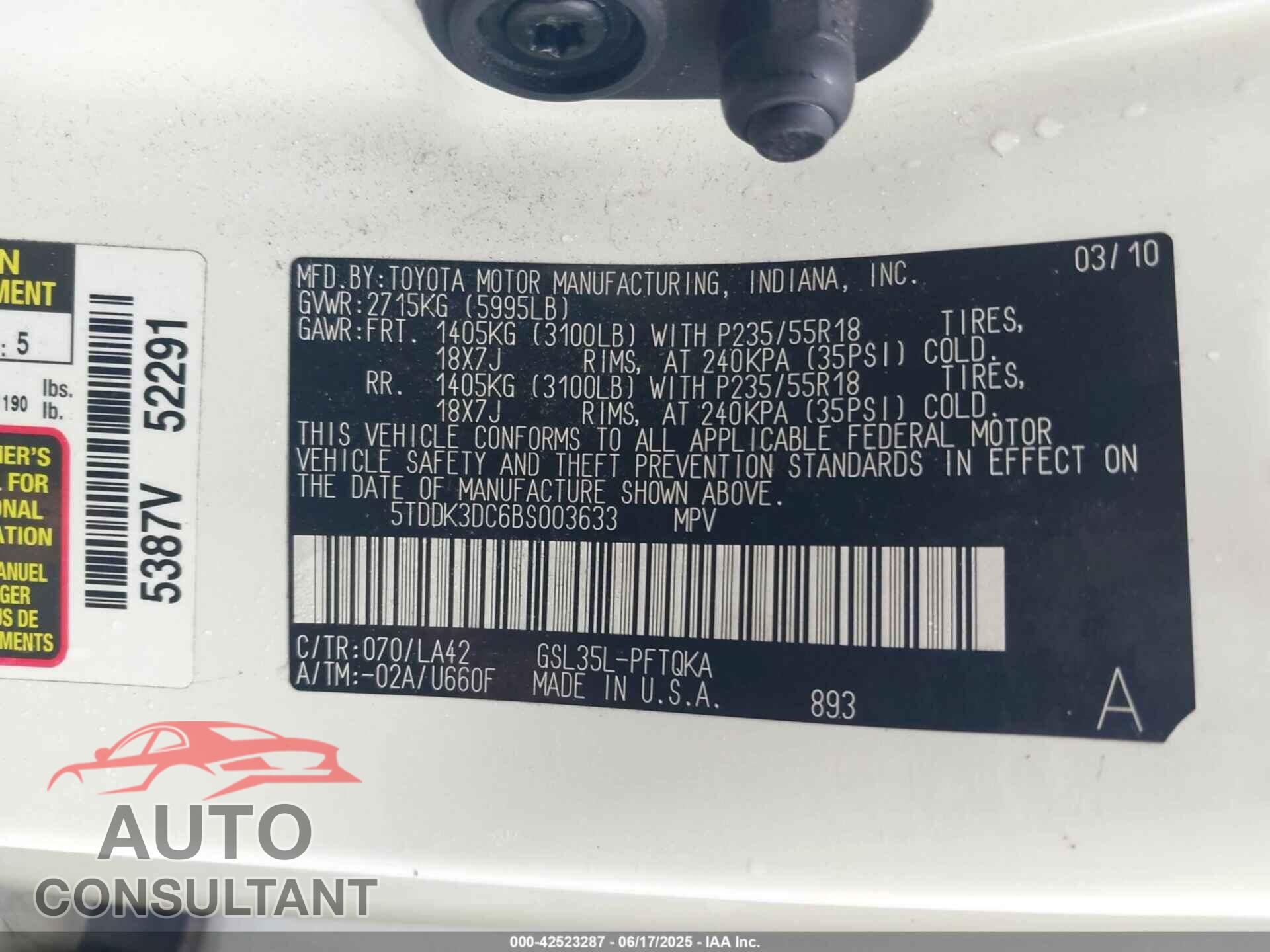 TOYOTA SIENNA 2011 - 5TEDK3EC6DS003633