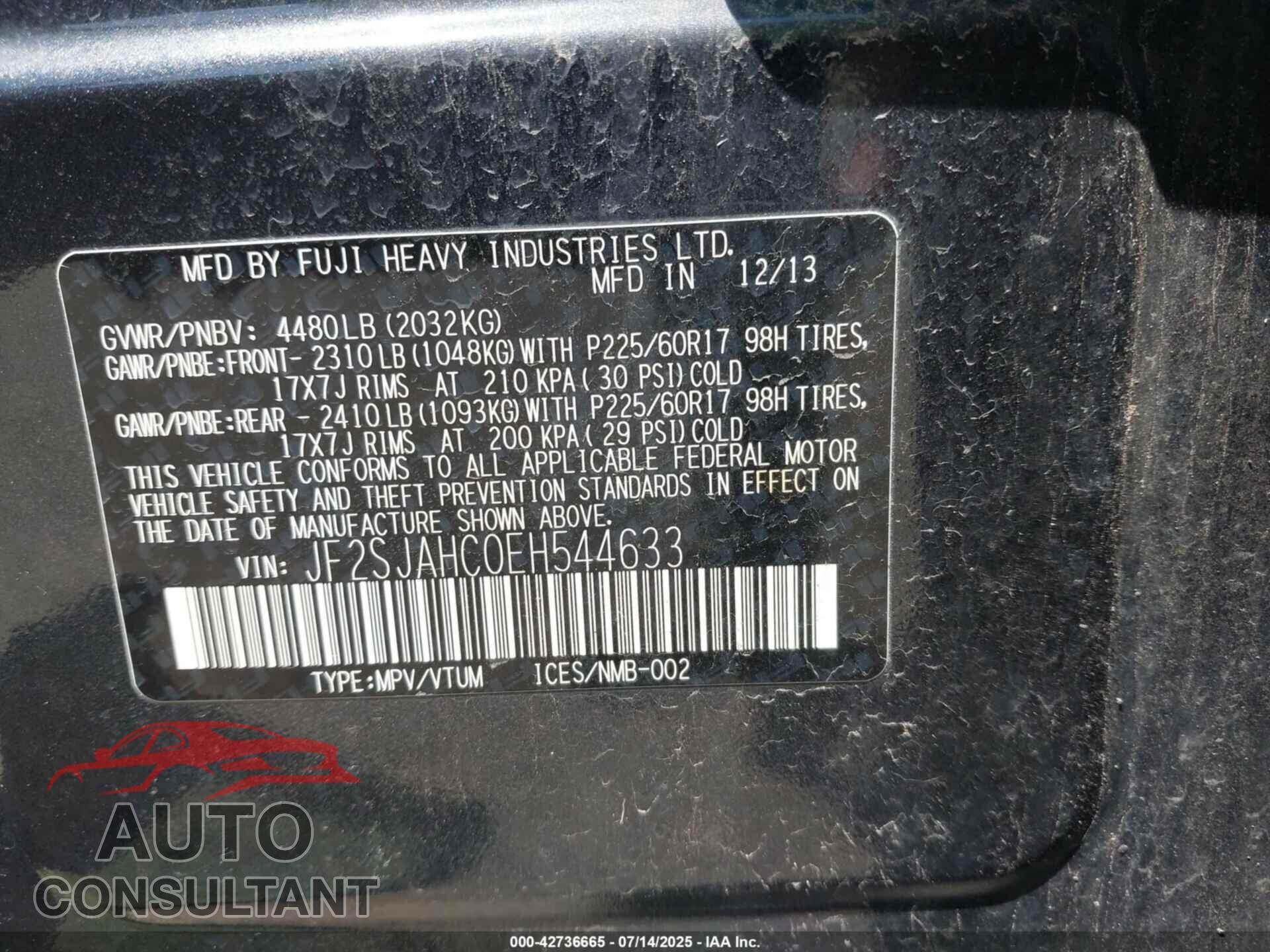 SUBARU FORESTER 2014 - JF2SJAHC0EH544633