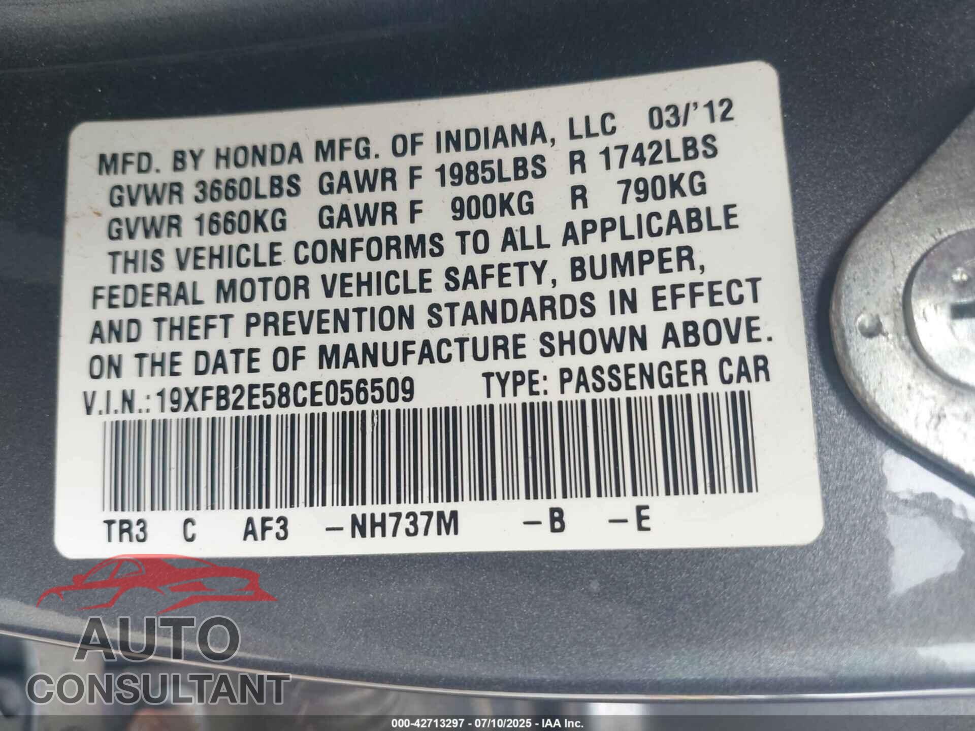HONDA CIVIC 2012 - 19XFB2E58CE056509