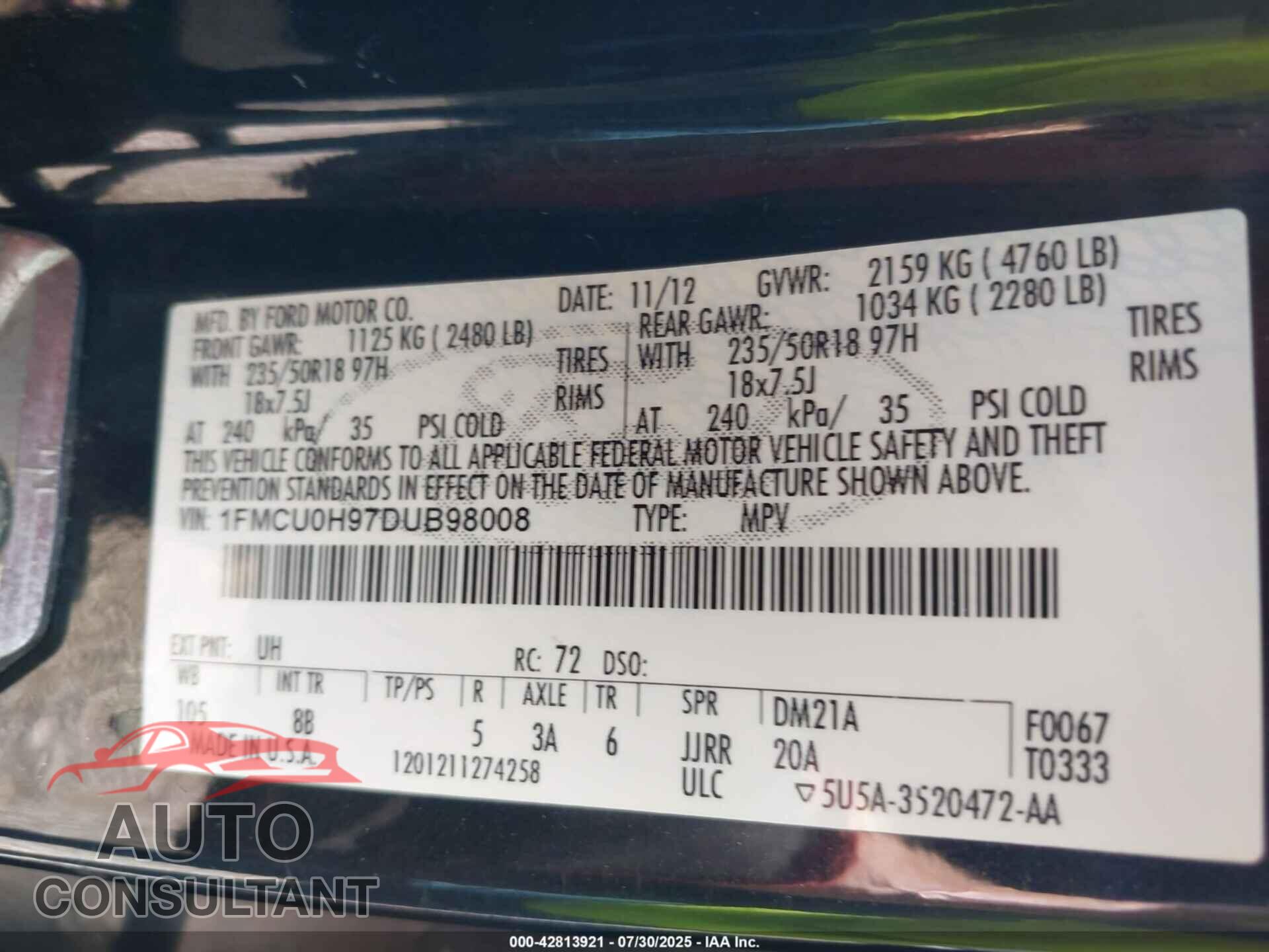 FORD ESCAPE 2013 - 1FMCU0H97DUB98008