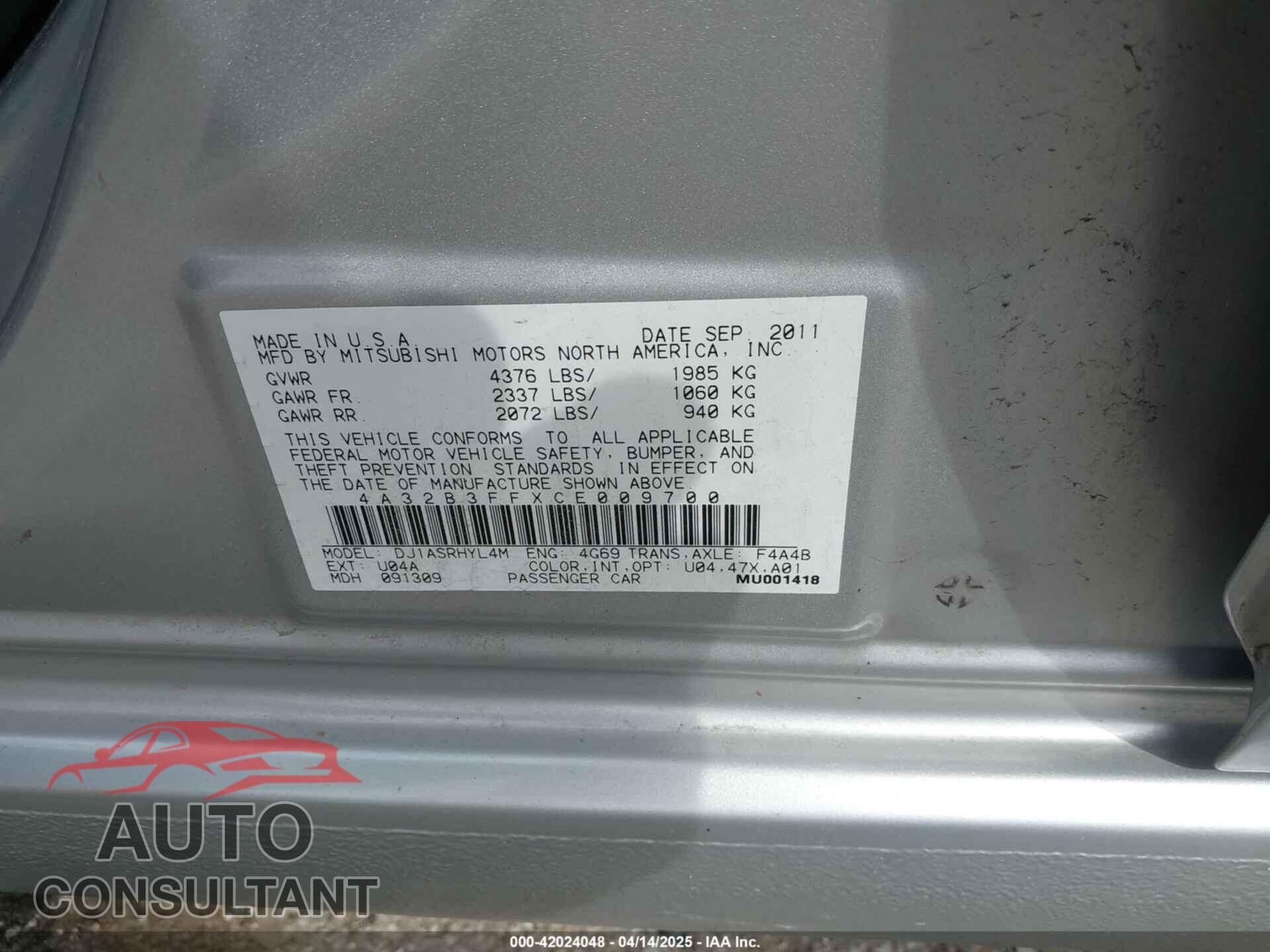 MITSUBISHI GALANT 2012 - 4A32B3FFXCE009700
