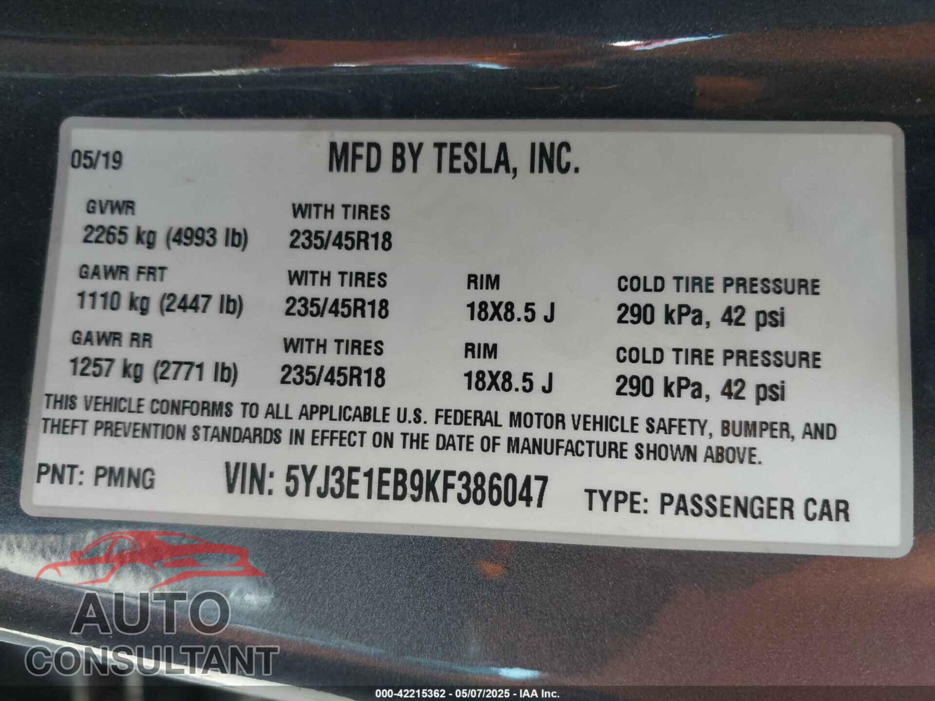 TESLA MODEL 3 2019 - 5YJ3E1EB9KF386047