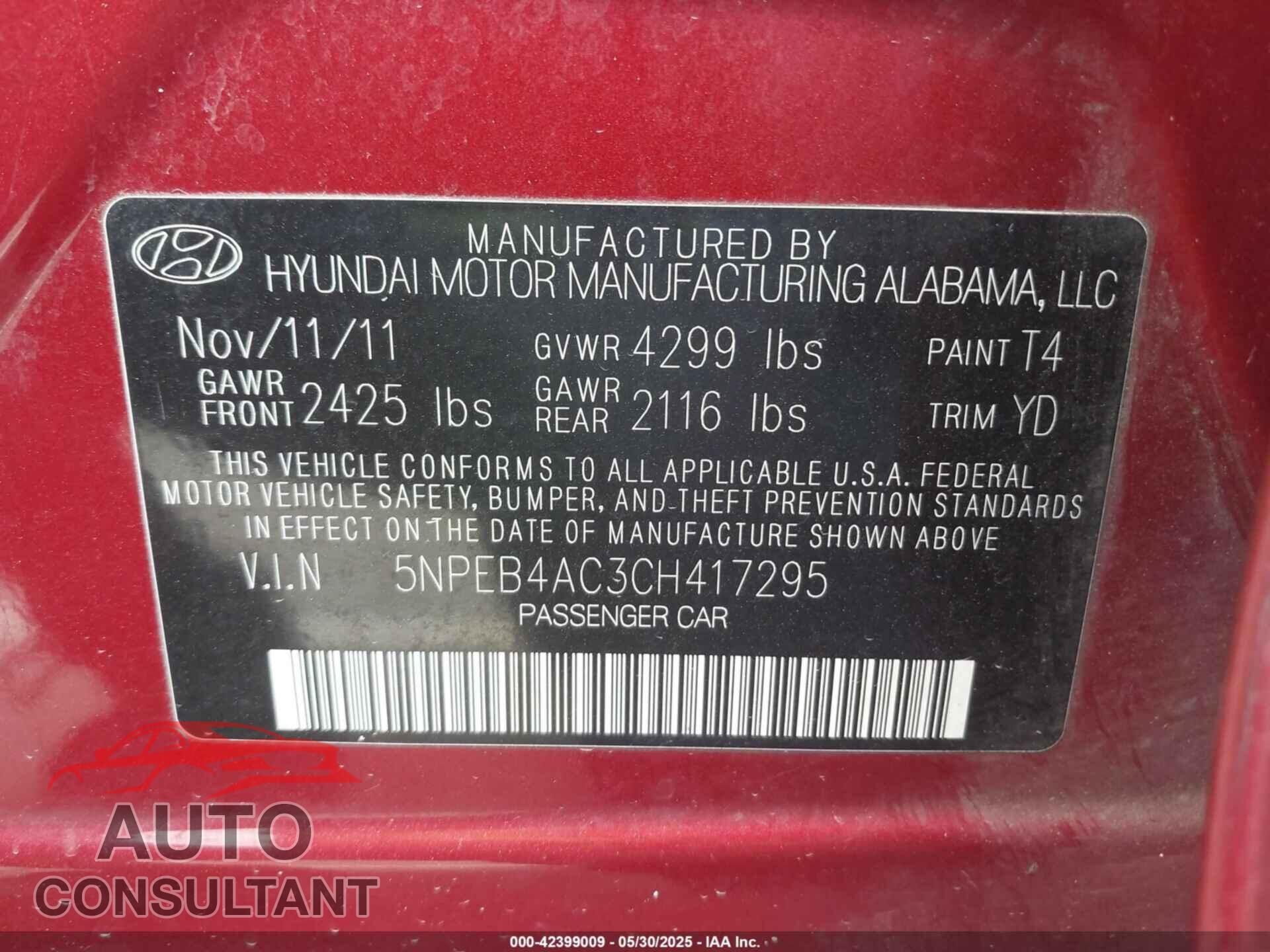 HYUNDAI SONATA 2012 - 5NPEB4AC3CH417295