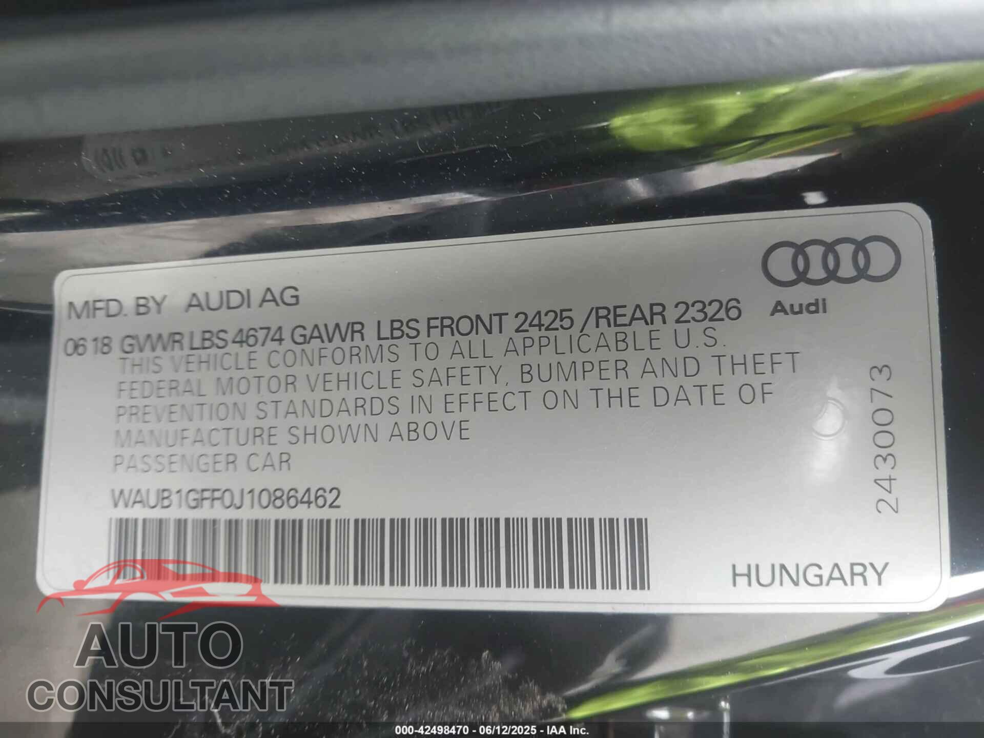 AUDI S3 2018 - WAUB1GFF0J1086462